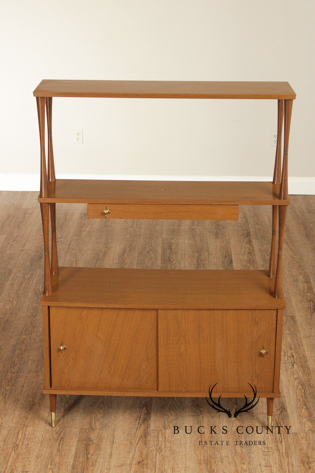 Mid Century Modern Walnut Room Divider Étagère With Brass Accents