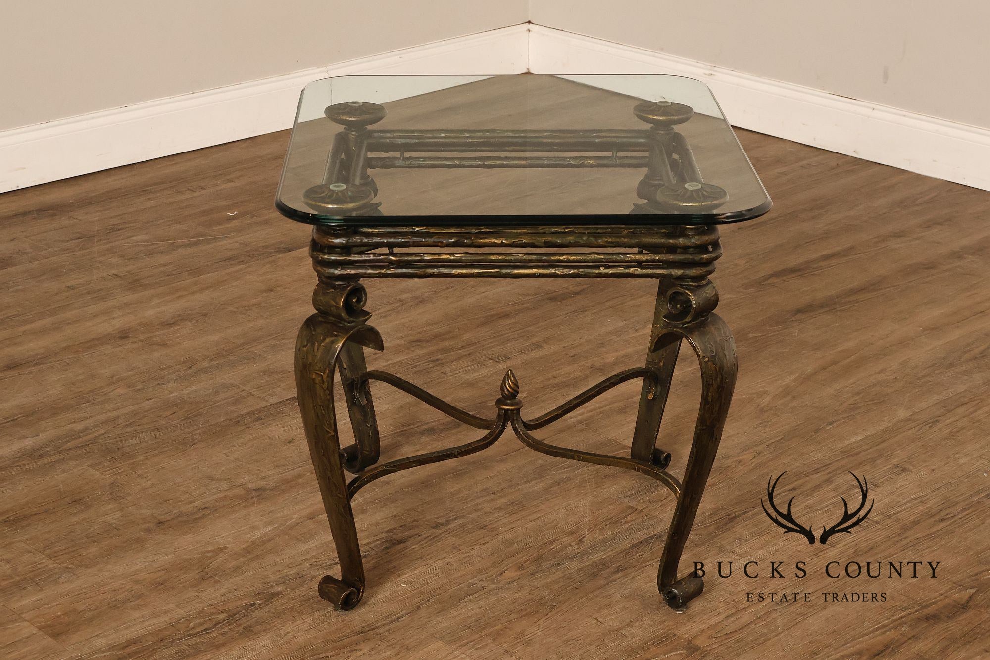 Neoclassical Revival Glass Top Metal Accent Table
