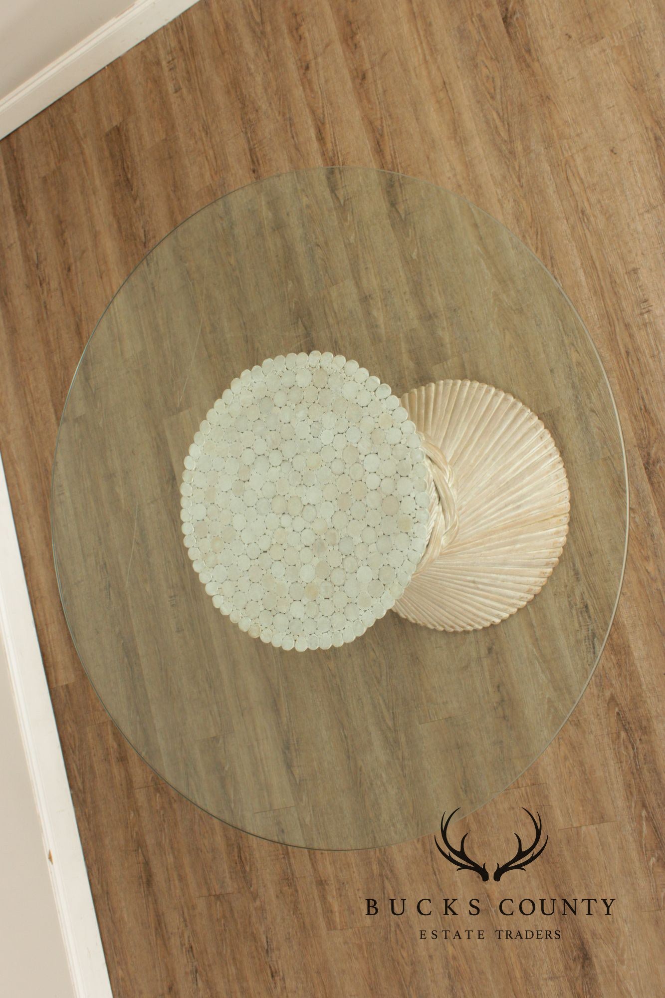 Hollywood Regency Rattan Wheat Sheaf Round Glass Top Pedestal Dining Table