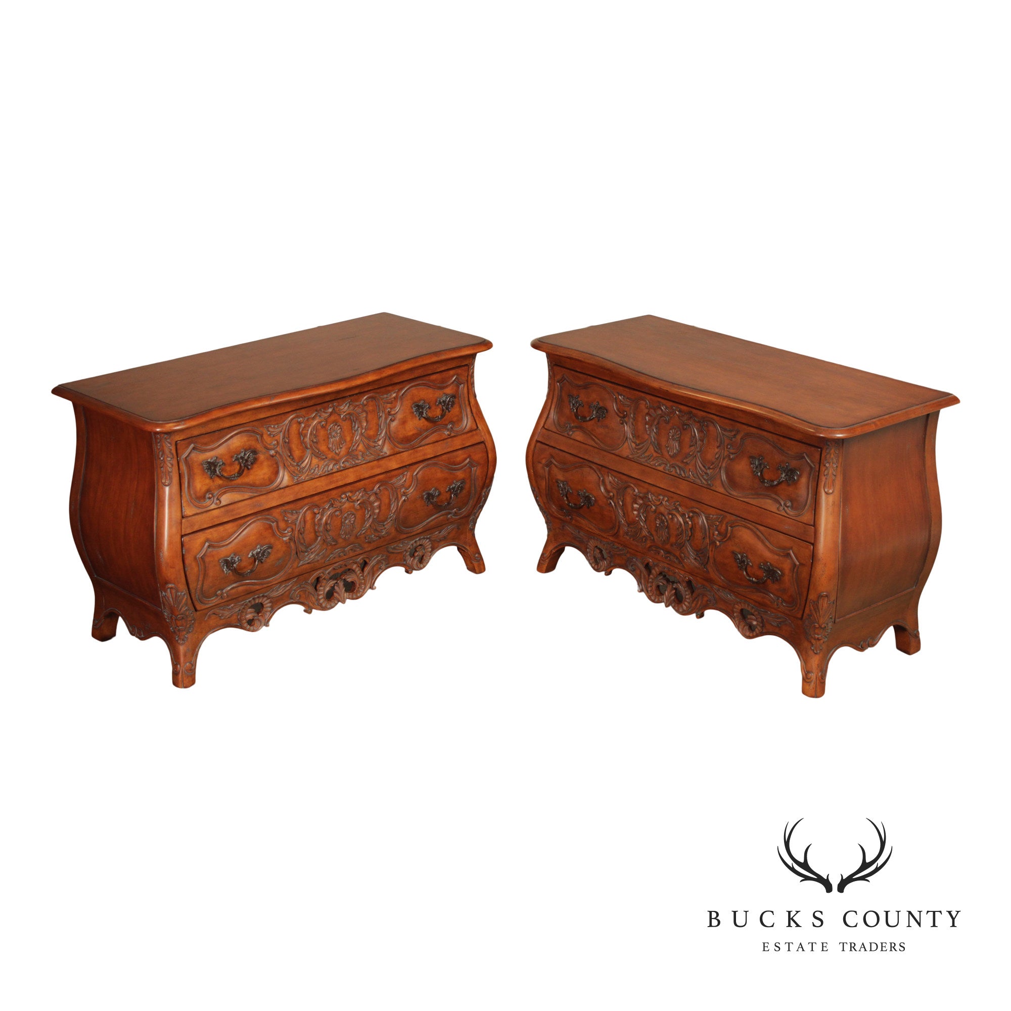 Century Furniture 'Coeur de France' Pair of Carved Cherry Bombe Chests