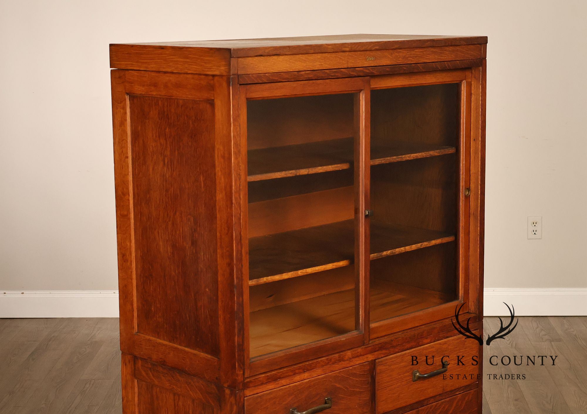 Globe Oak Sectional Bookcase Cabinet With Sliding Glass Doors And Drawers