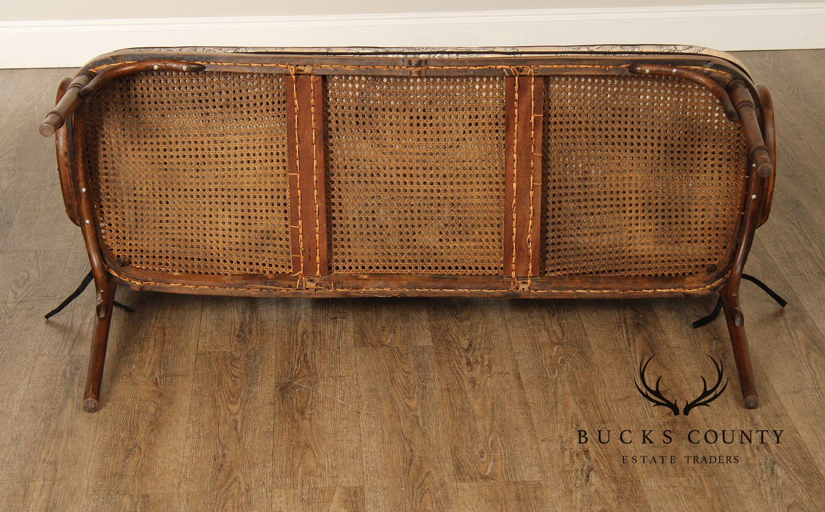 Vintage Thonet Style Bentwood And Caned Settee With Upholstered Cushion