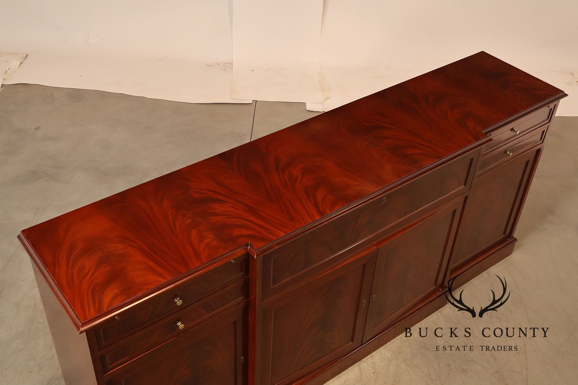 Flame Mahogany Breakfront Buffet Sideboard with Drop Front Secretary Desk