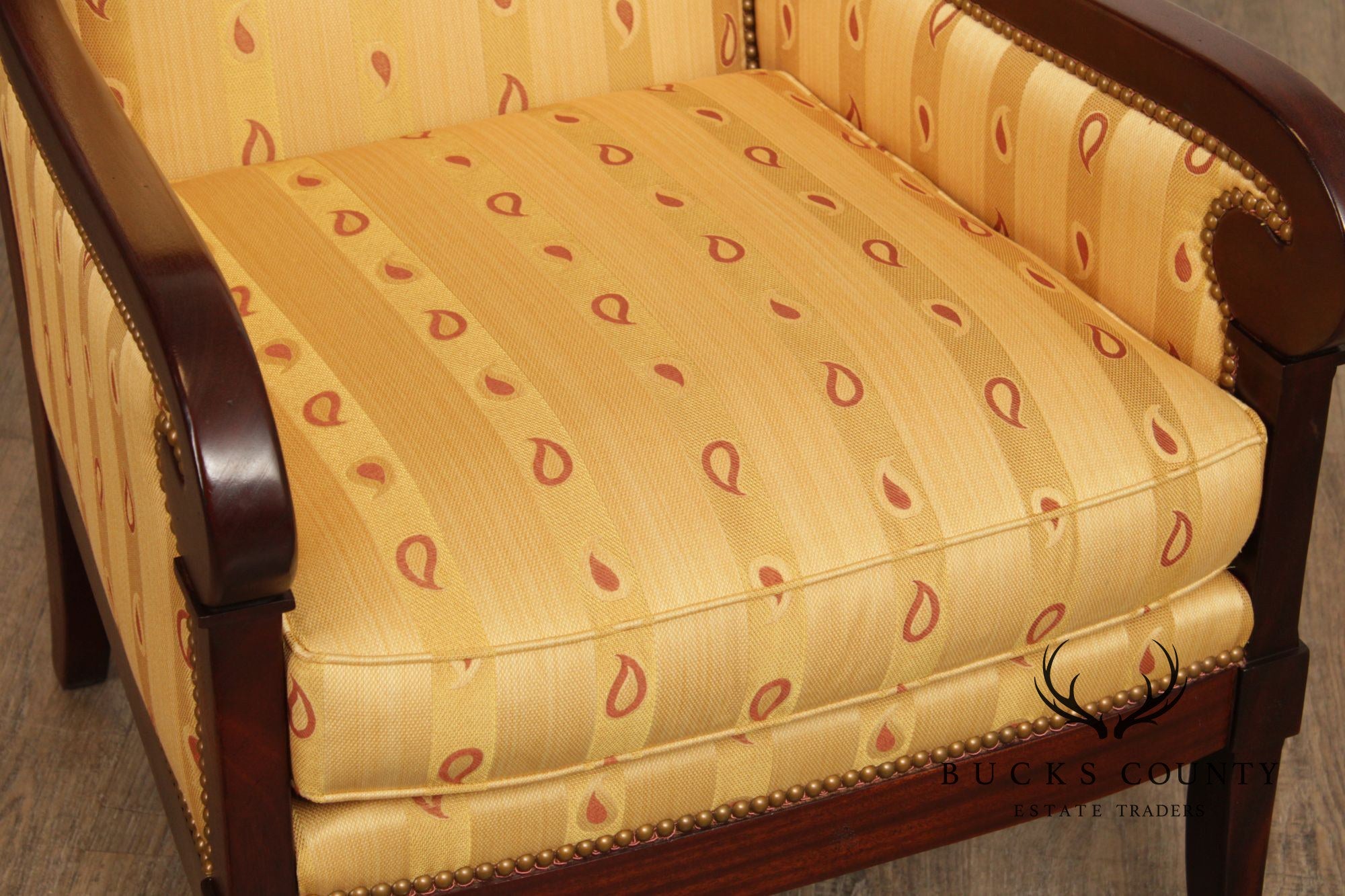 Kravet Furniture French Empire Style Pair of Mahogany Armchairs