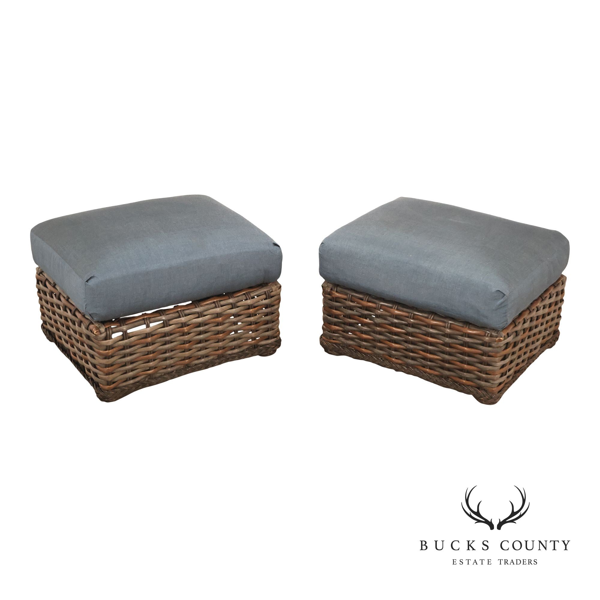 Lane Venture WeatherMaster Pair Of Woven Wicker Outdoor Ottomans With Blue Cushions