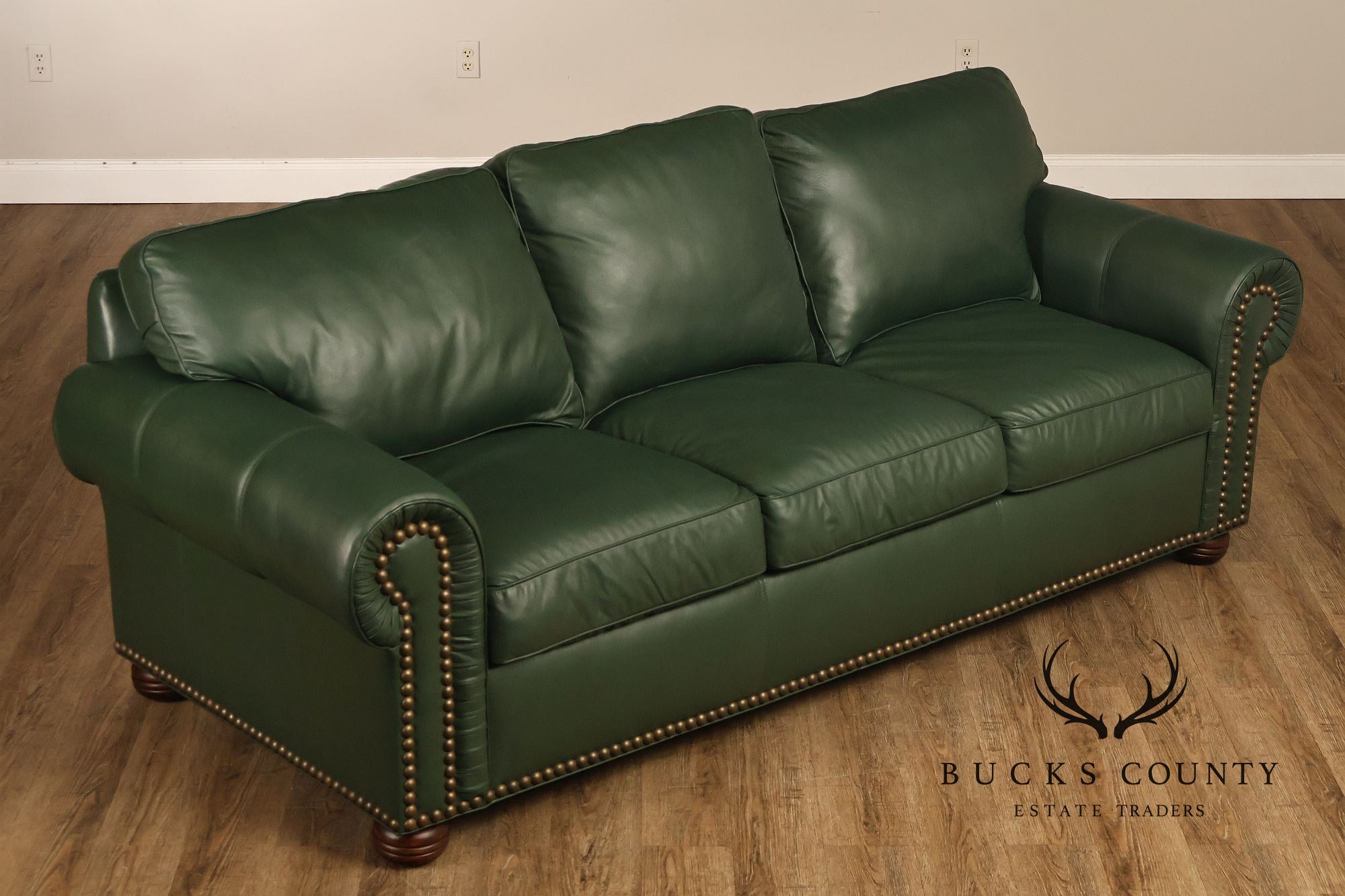 Green Leather Sleeper Sofa with Nailhead Trim