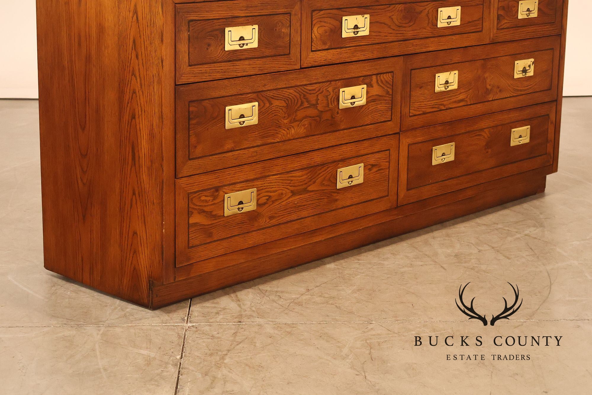 Henredon Campaign Style Oak Seven Drawer Dresser