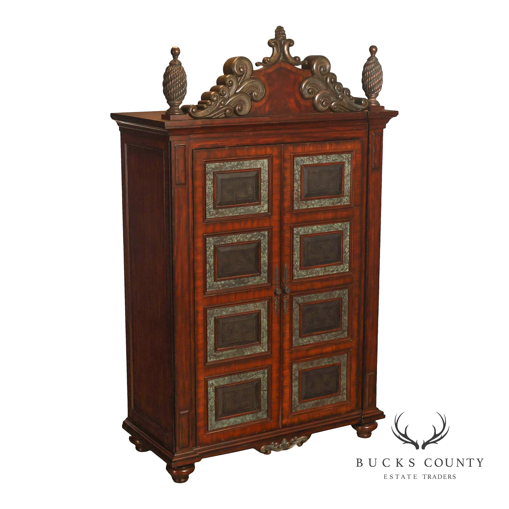 Maitland-Smith Large Mahogany Armoire Cabinet With Bronze Scrollwork Finials And Raised Panel Doors