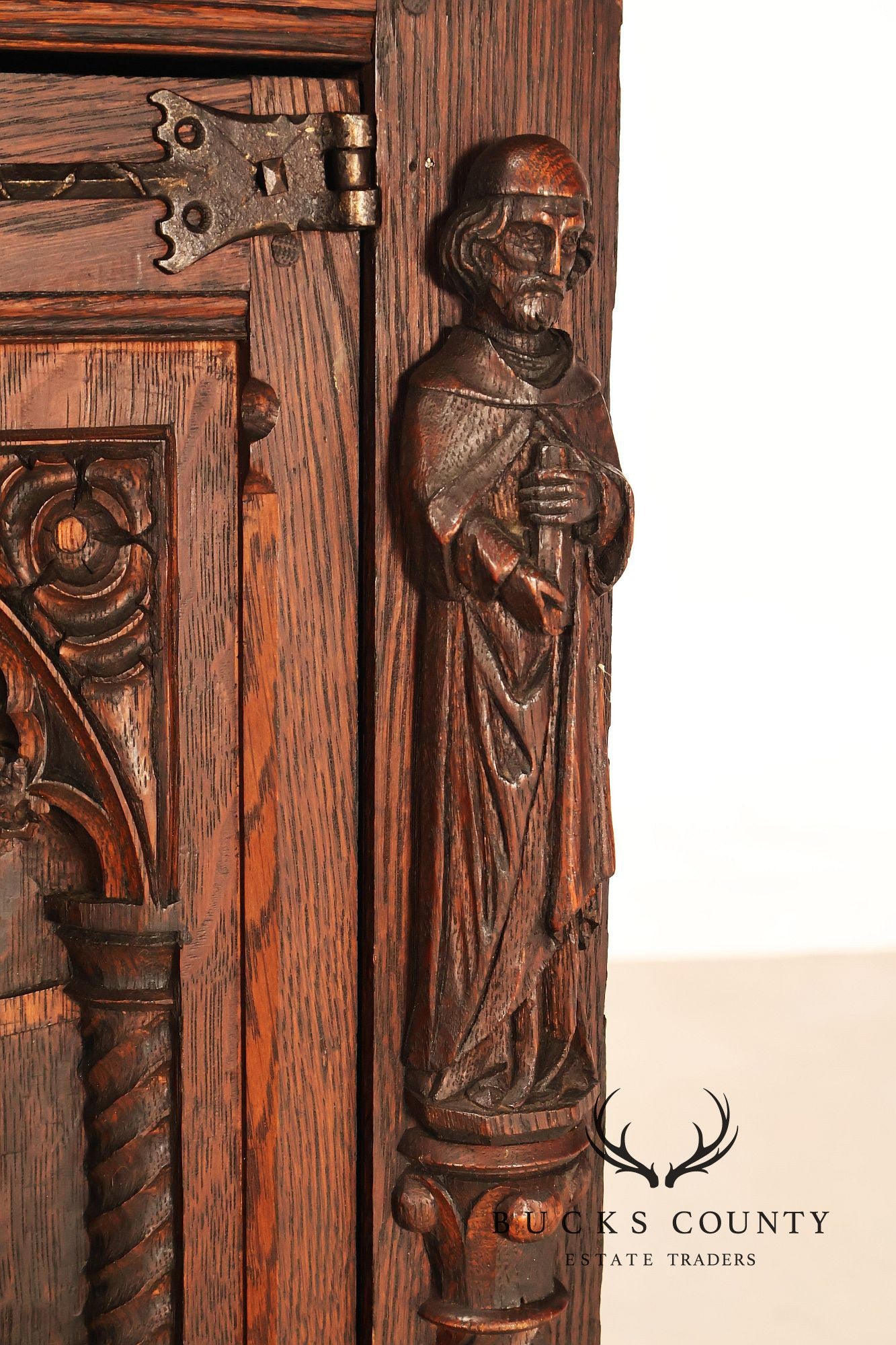 Antique Neo-Gothic Carved Oak Sideboard Server With Figural Panels