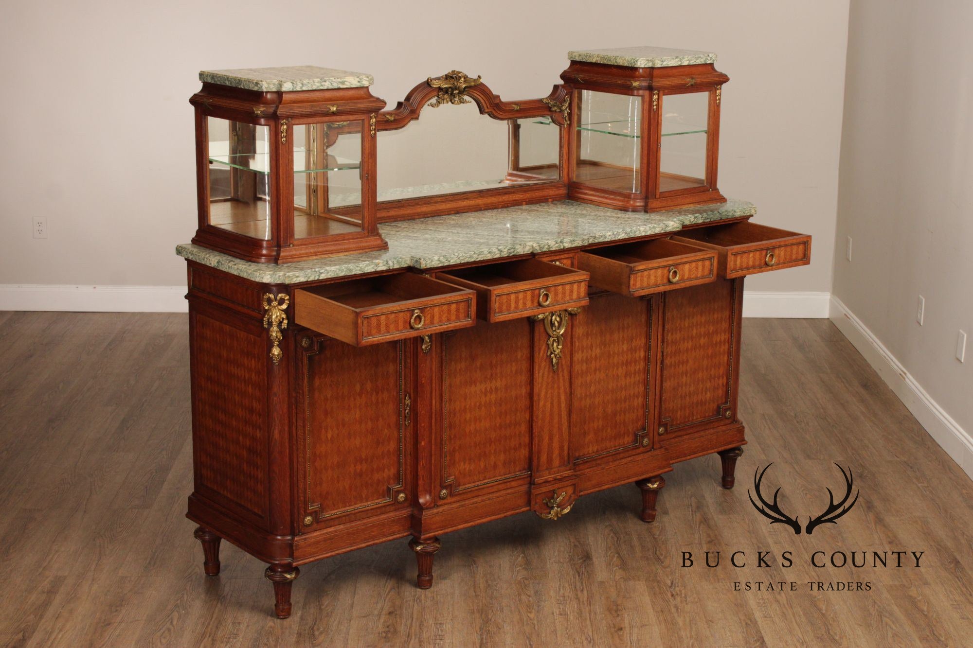 Antique French Louis XVI Style Inlaid Marble Top Sideboard