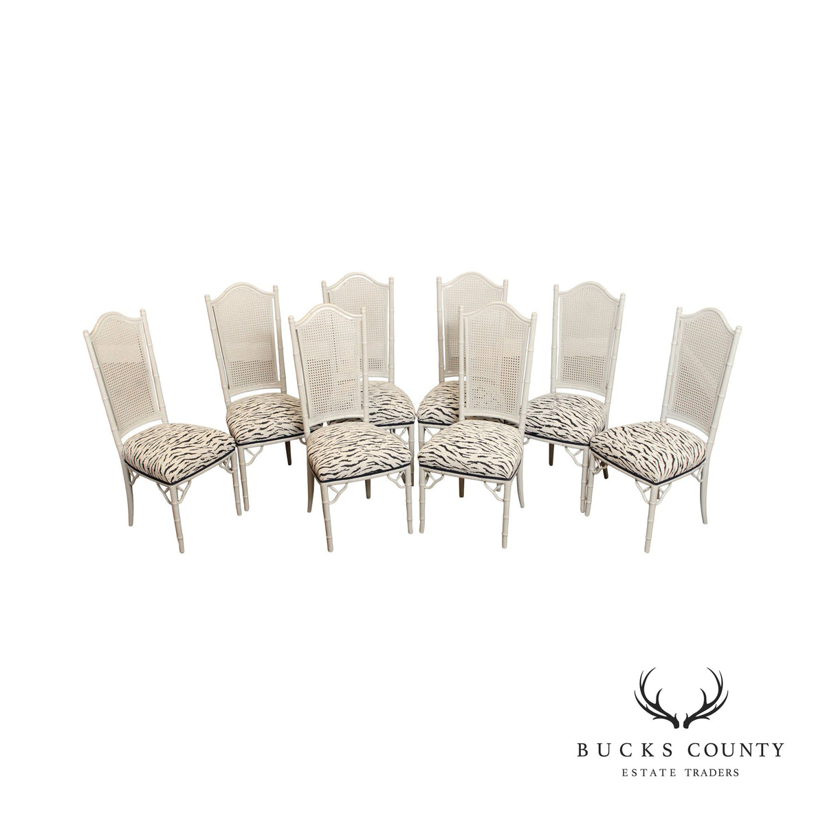 Hollywood Regency Set of Eight Faux Bamboo and Cane Dining Chairs