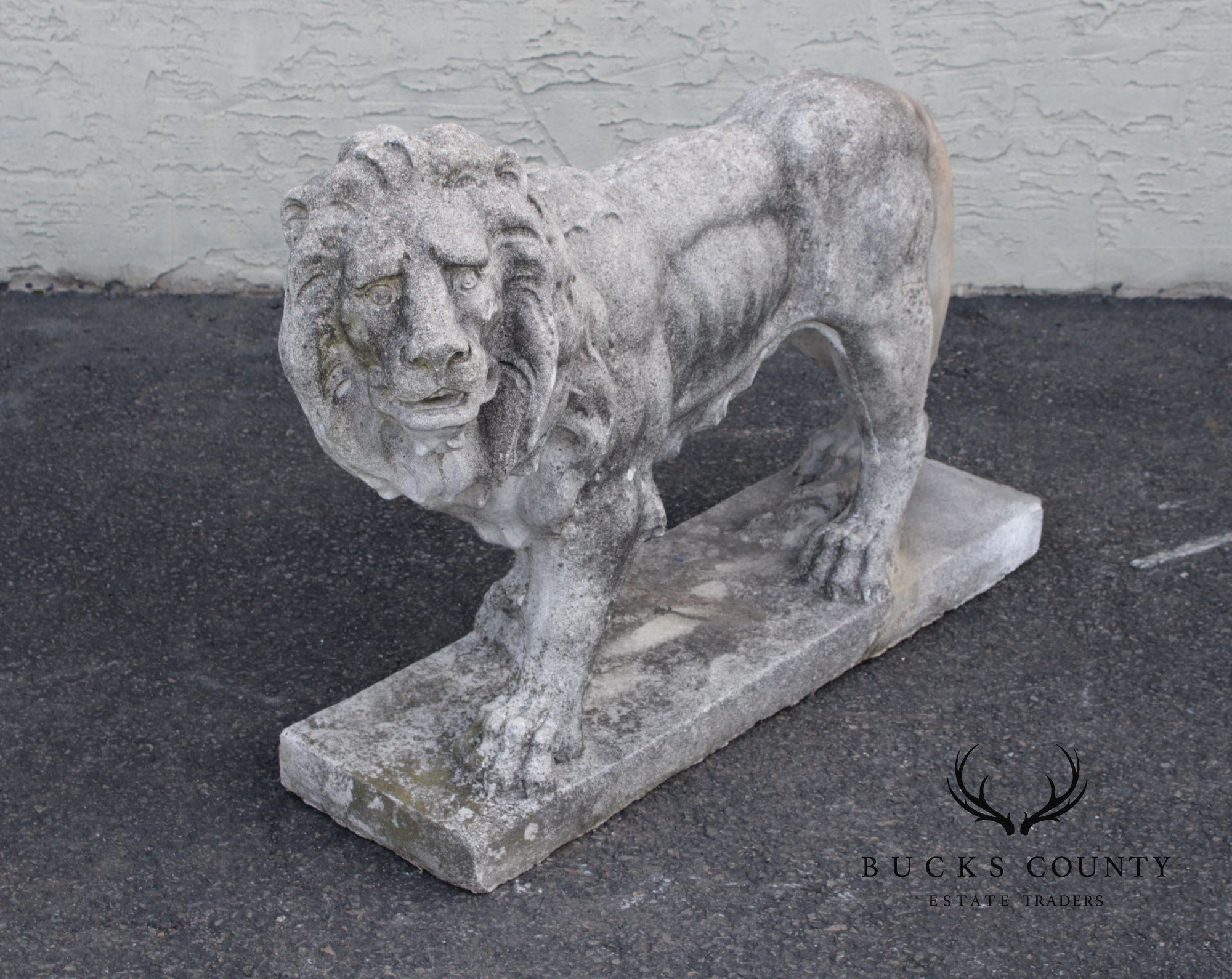 Vintage Pair Of Cast Stone Standing Lion Garden Statues