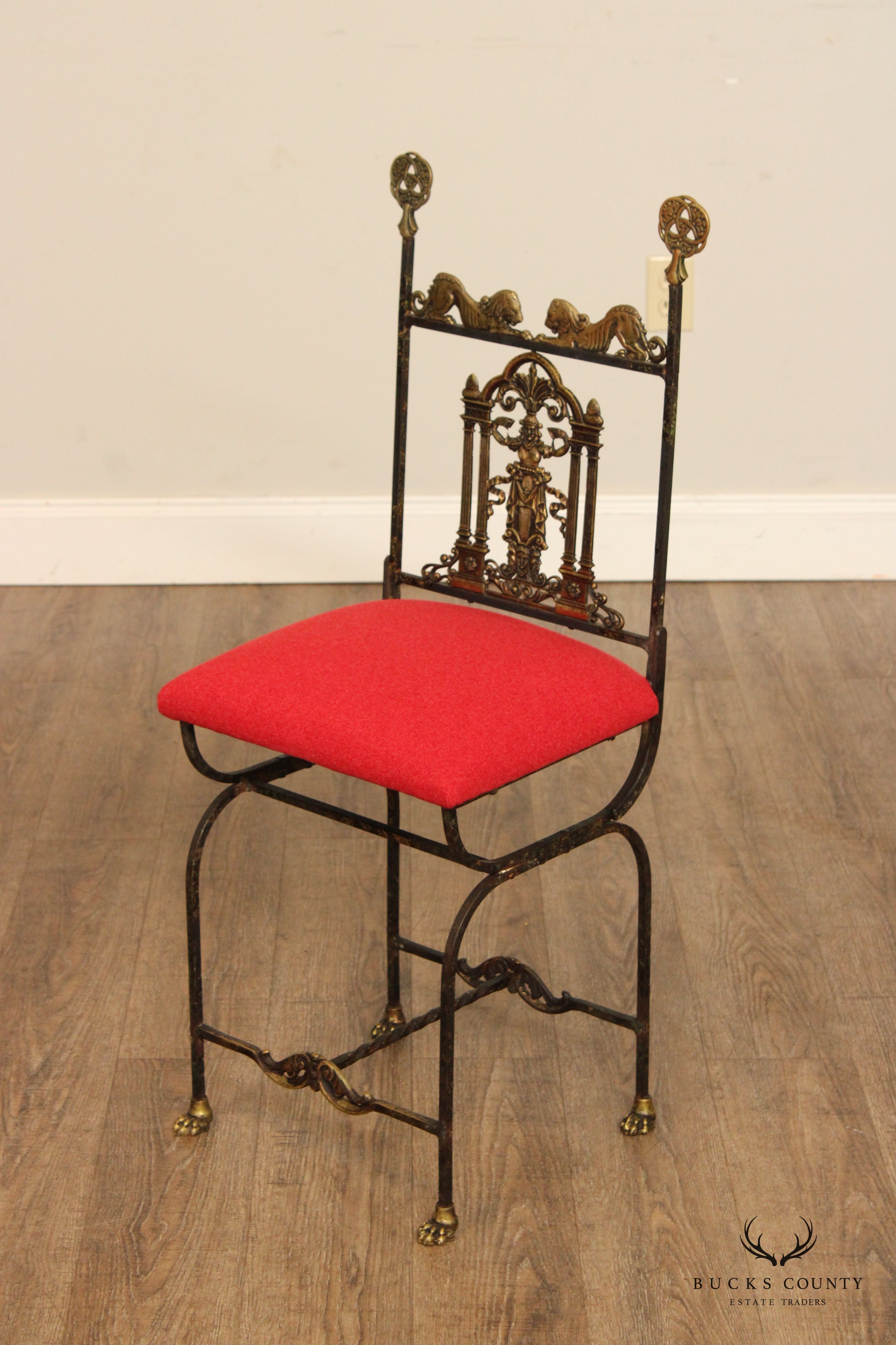 Oscar Bach Attributed Tudor Revival Style Bronze and Iron Side Chair