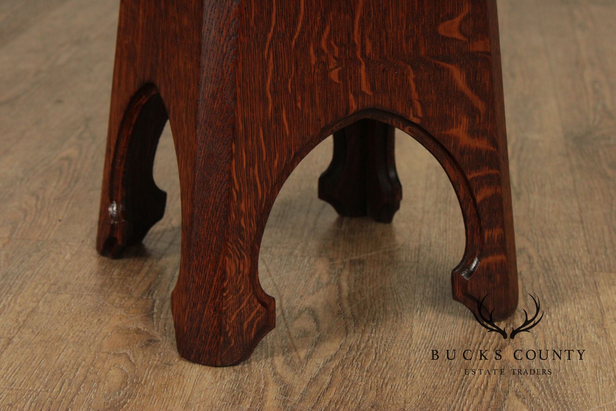 Arts and Crafts Antique Pair of Oak Cut-Out Taboret Side Tables