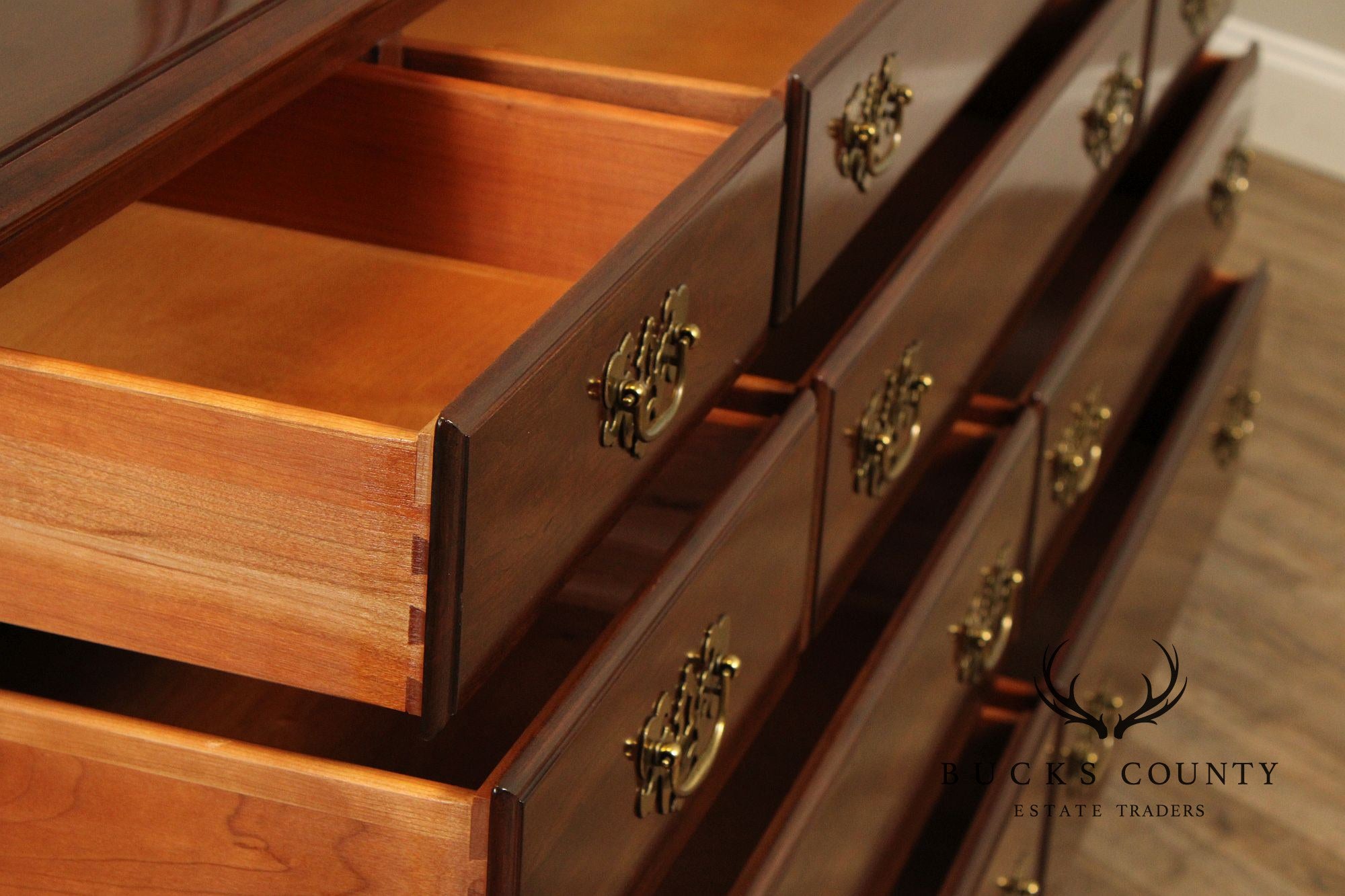 ETHAN ALLEN GEORGIAN COURT CHERRY DRESSER WITH TRI-FOLD MIRROR