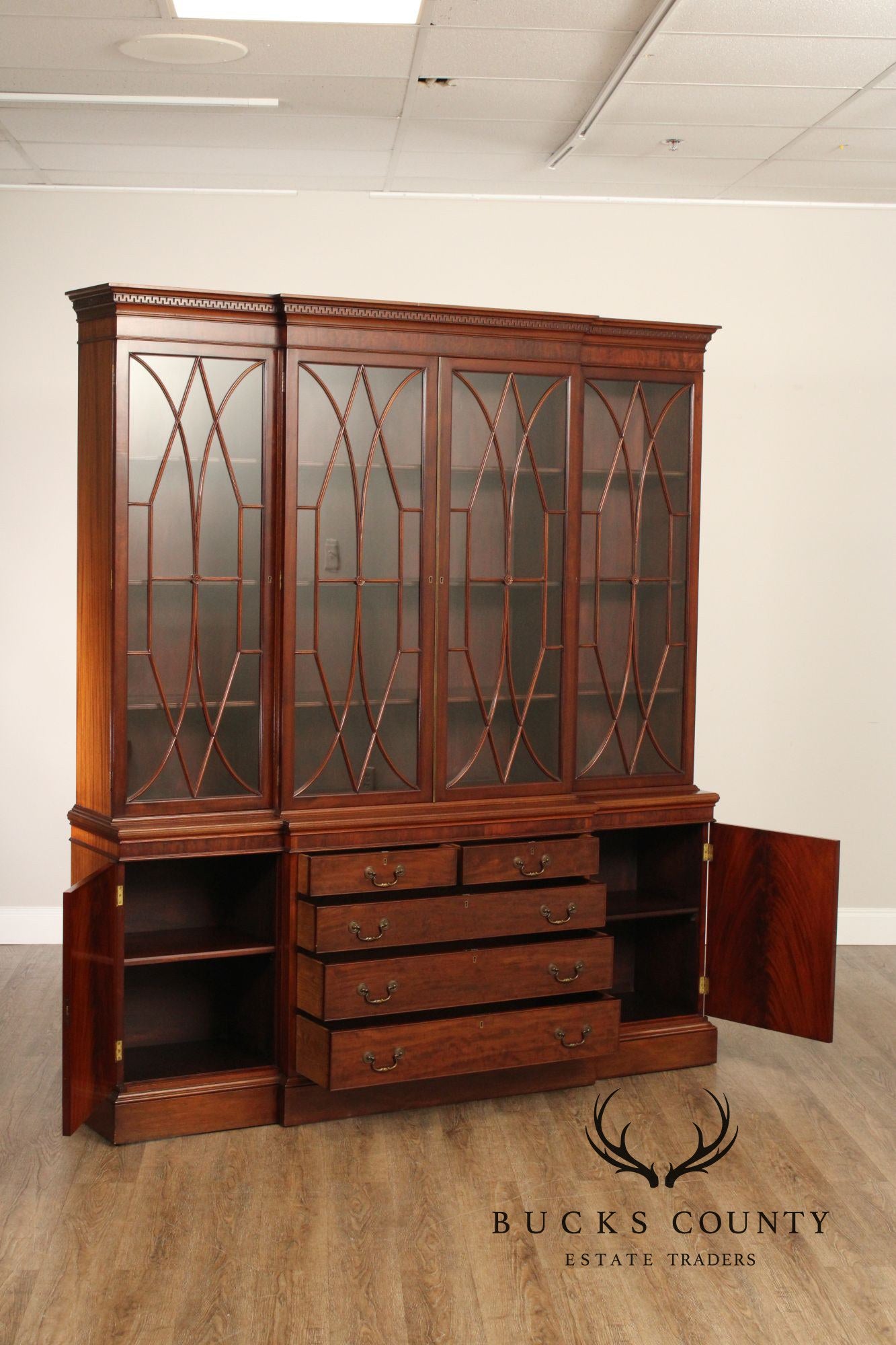 Regency Style Mahogany Breakfront Bookcase Cabinet