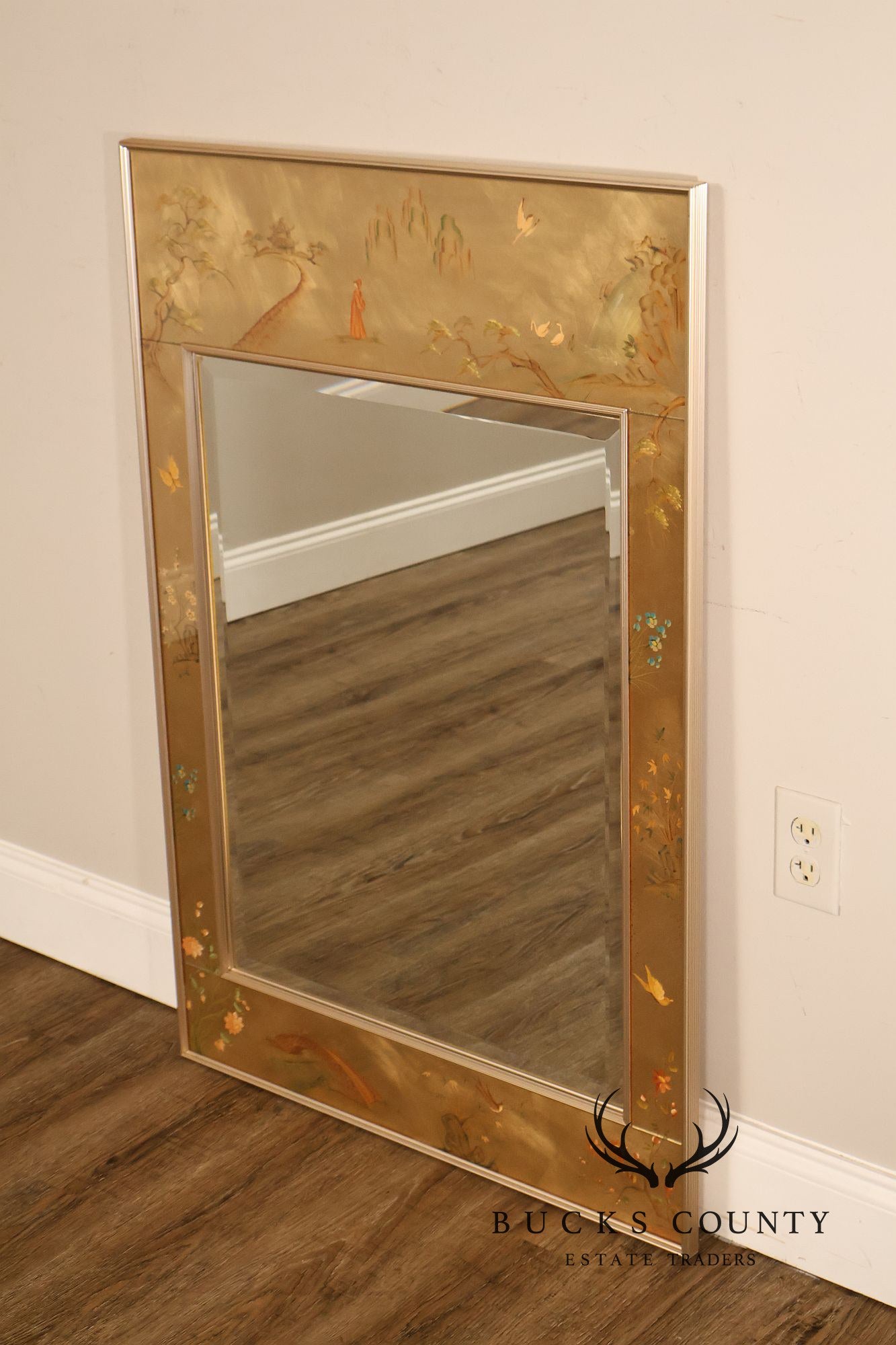 LaBarge Chinoiserie Eglomise Brass Wall Mirror