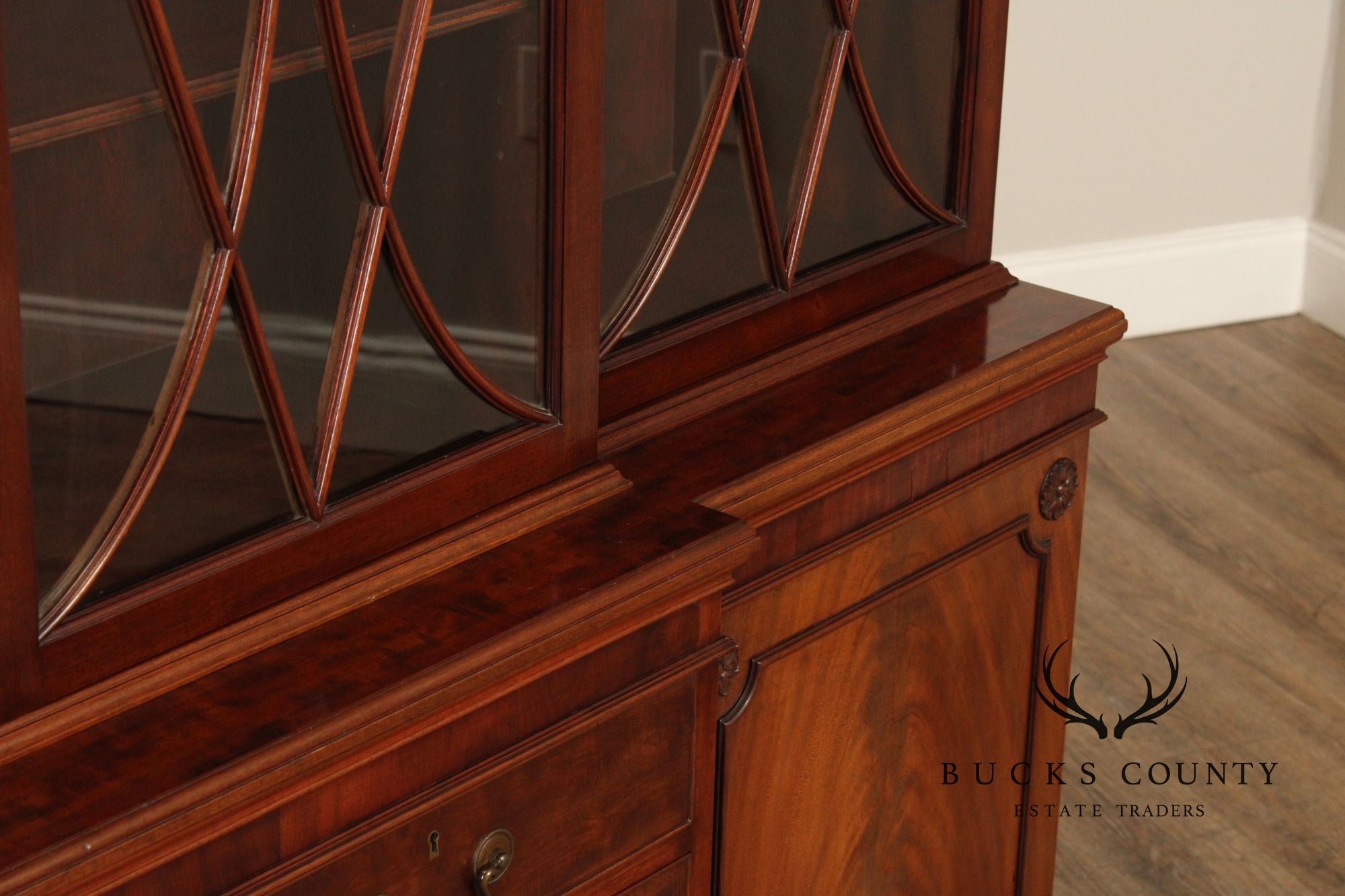 Regency Style Mahogany Breakfront Bookcase Cabinet