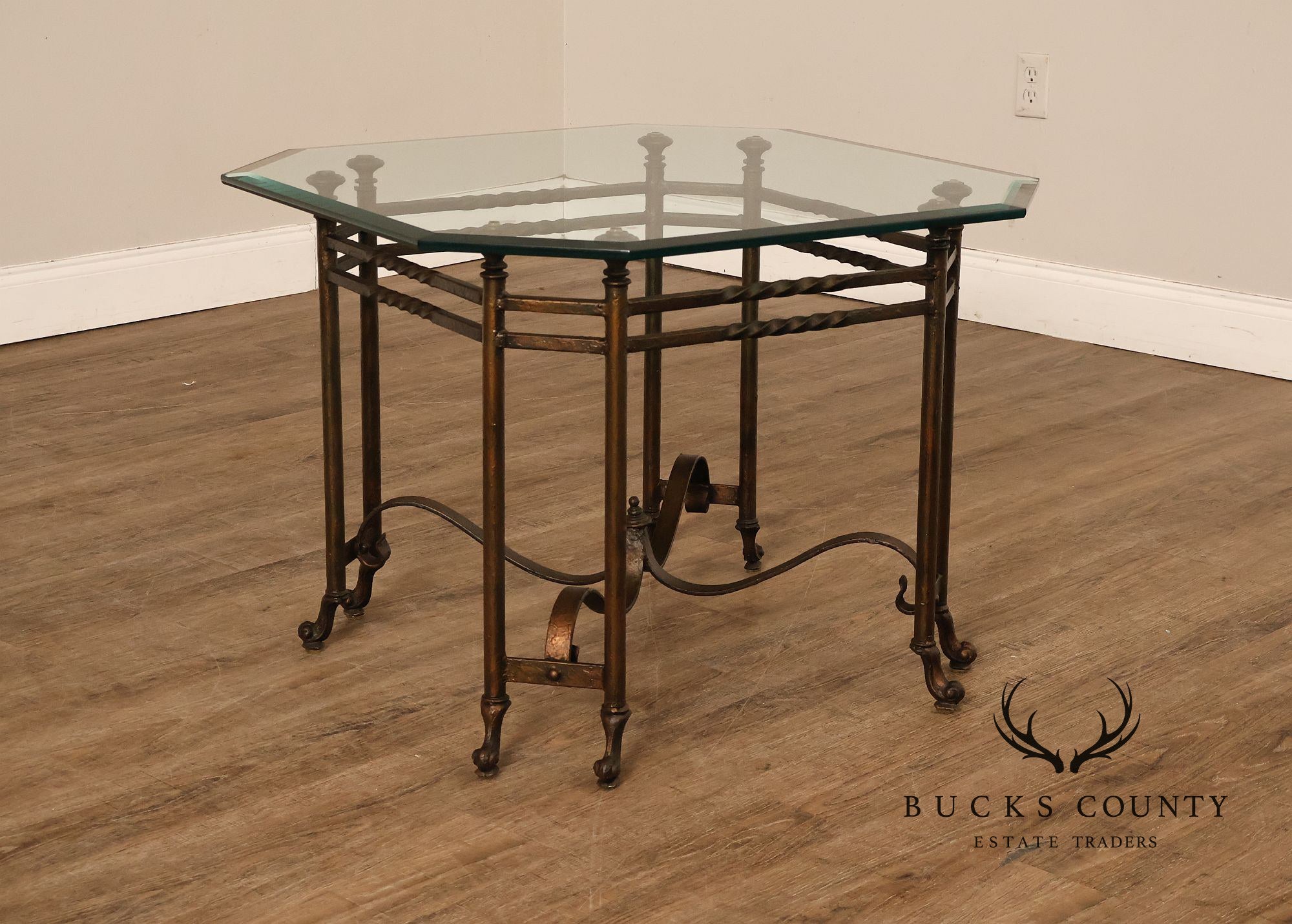 Vintage Hollywood Regency Wrought Iron Glass Top Occasional Table