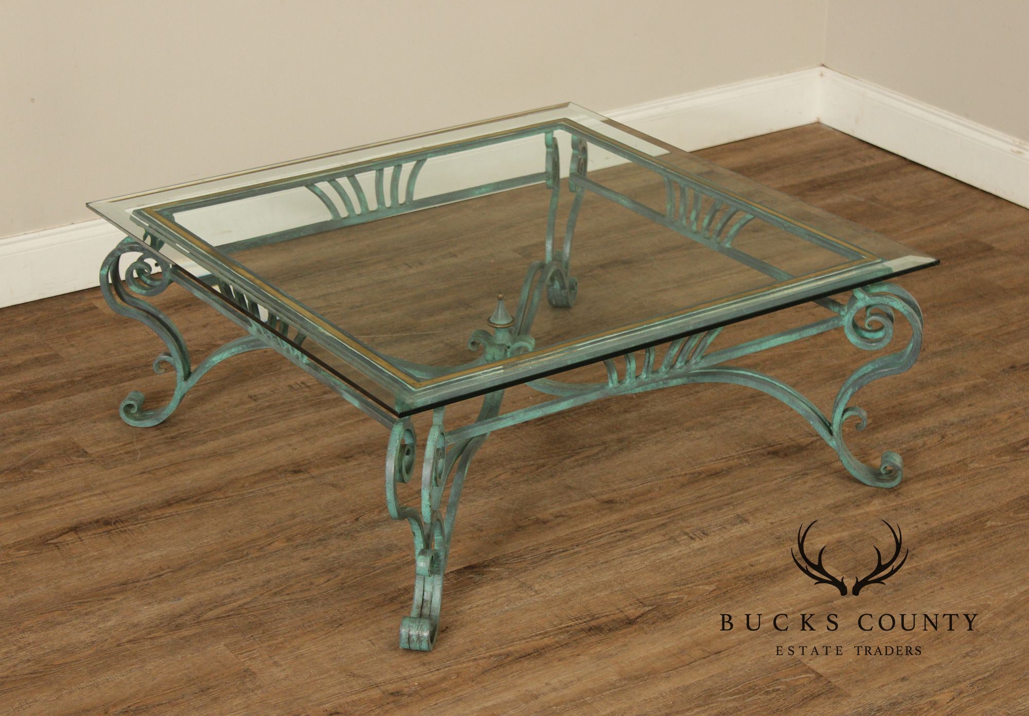 Baroque Style Glass Top Wrought Iron Coffee Table