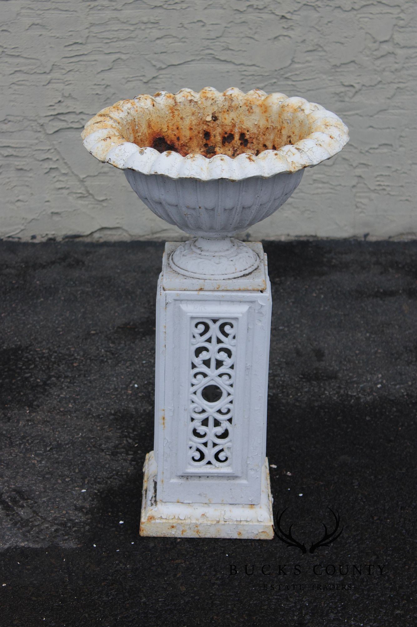 Vintage Pair of Painted Cast Iron Garden Urns on Stands