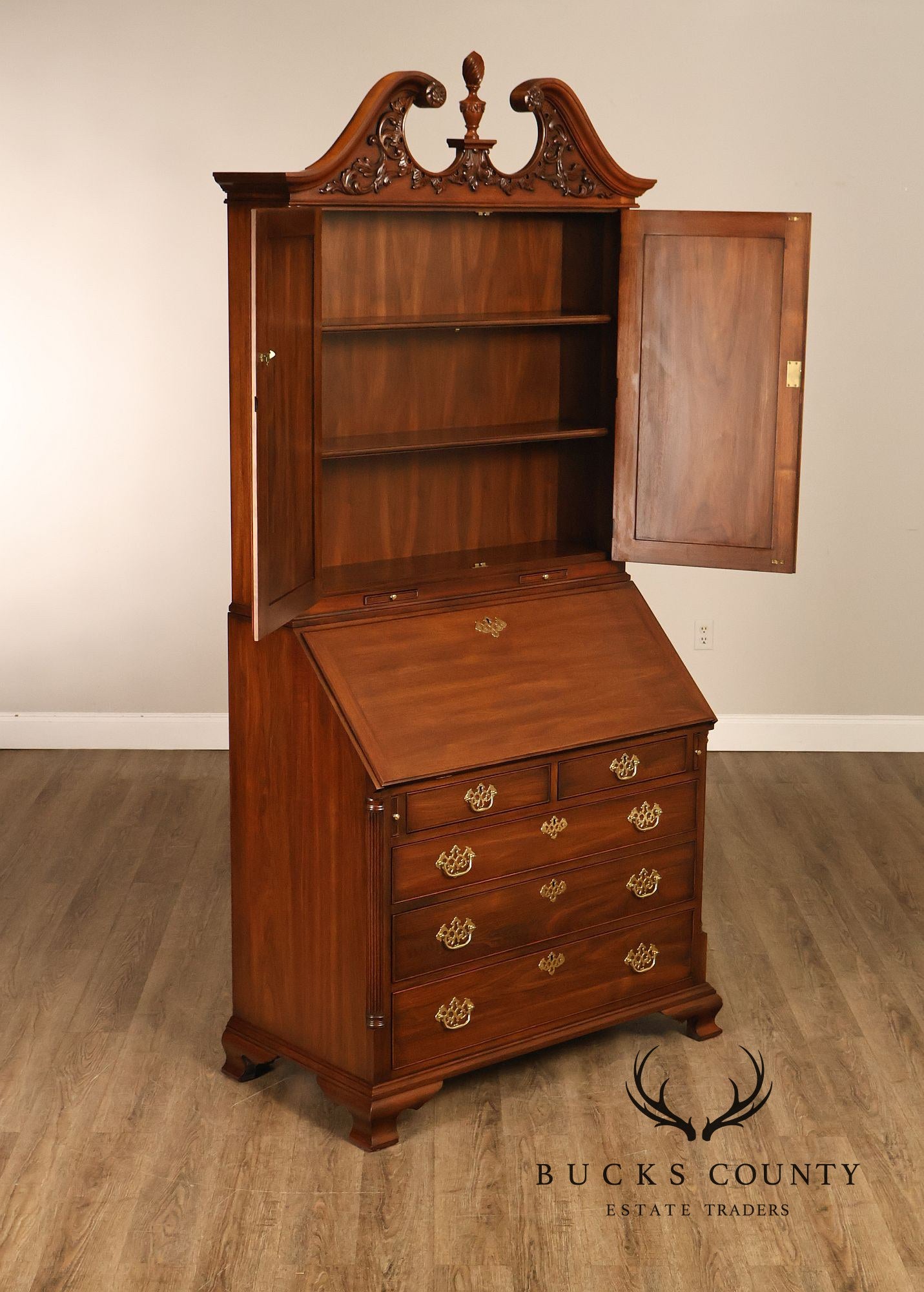 HENKEL HARRIS CHIPPENDALE STYLE TWO PART BLACK WALNUT BLIND DOOR SECRETARY DESK