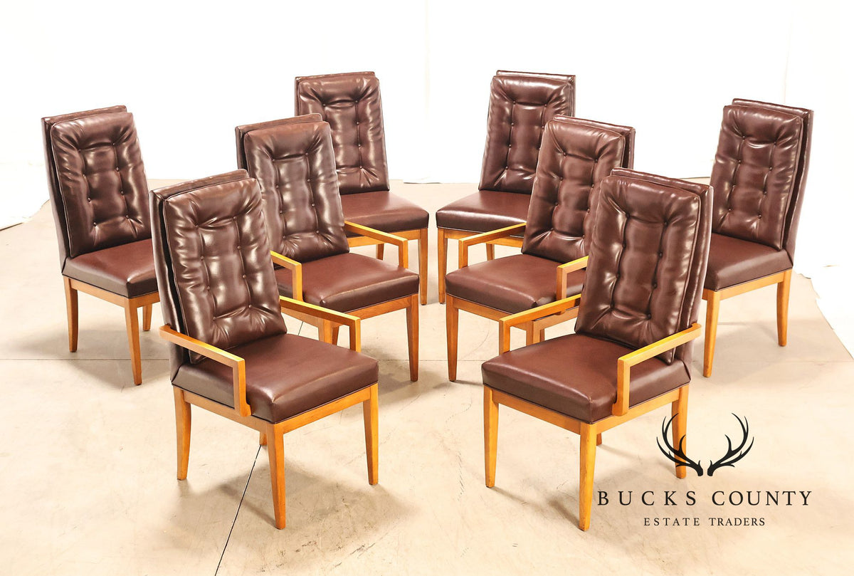 Mid Century Modern Set of Eight Walnut and Leather Dining Chairs