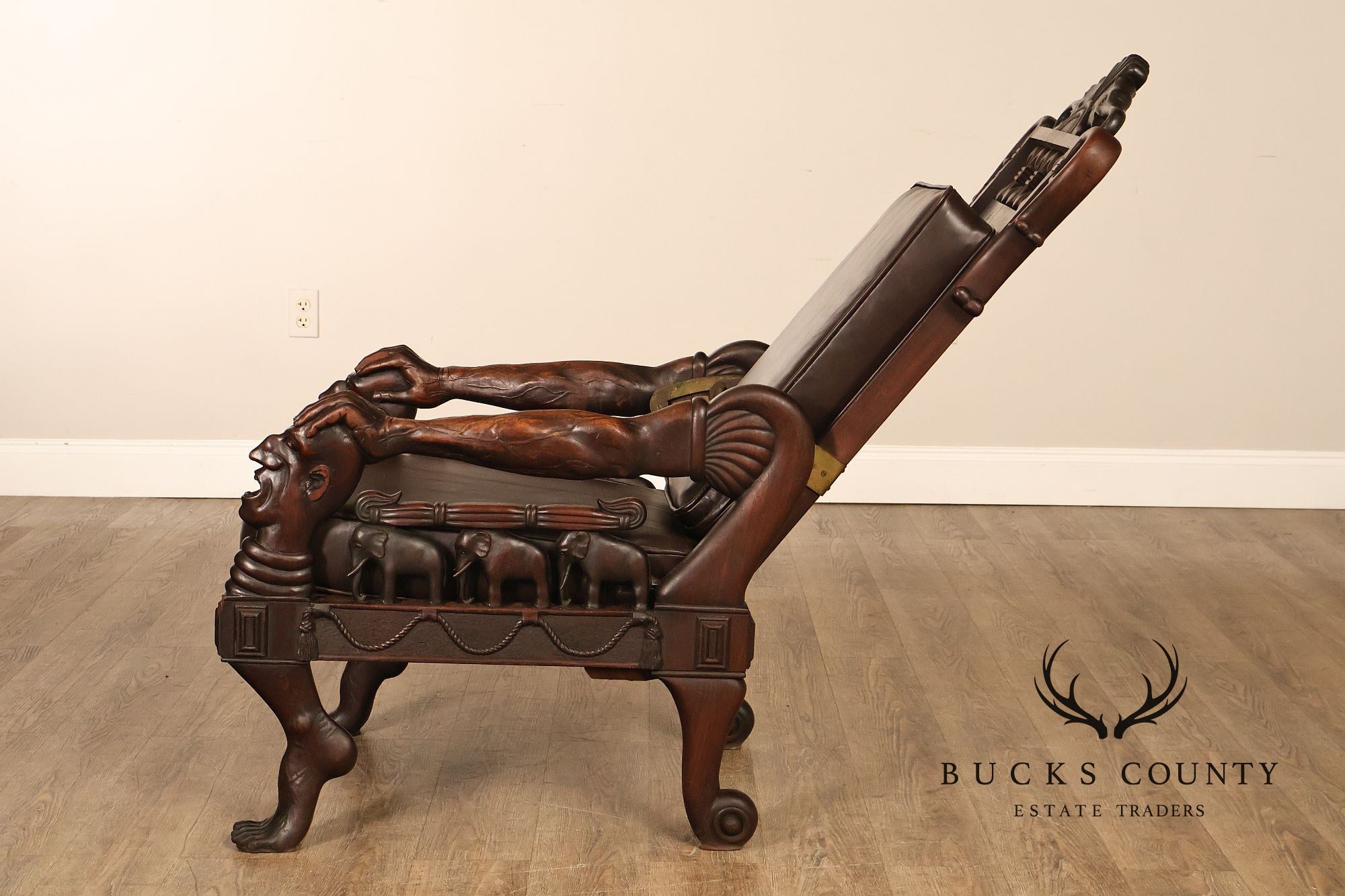 Exceptional 19th Century Anglo-Indian / Burmese Colonial Figural Carved Hardwood Throne Armchair