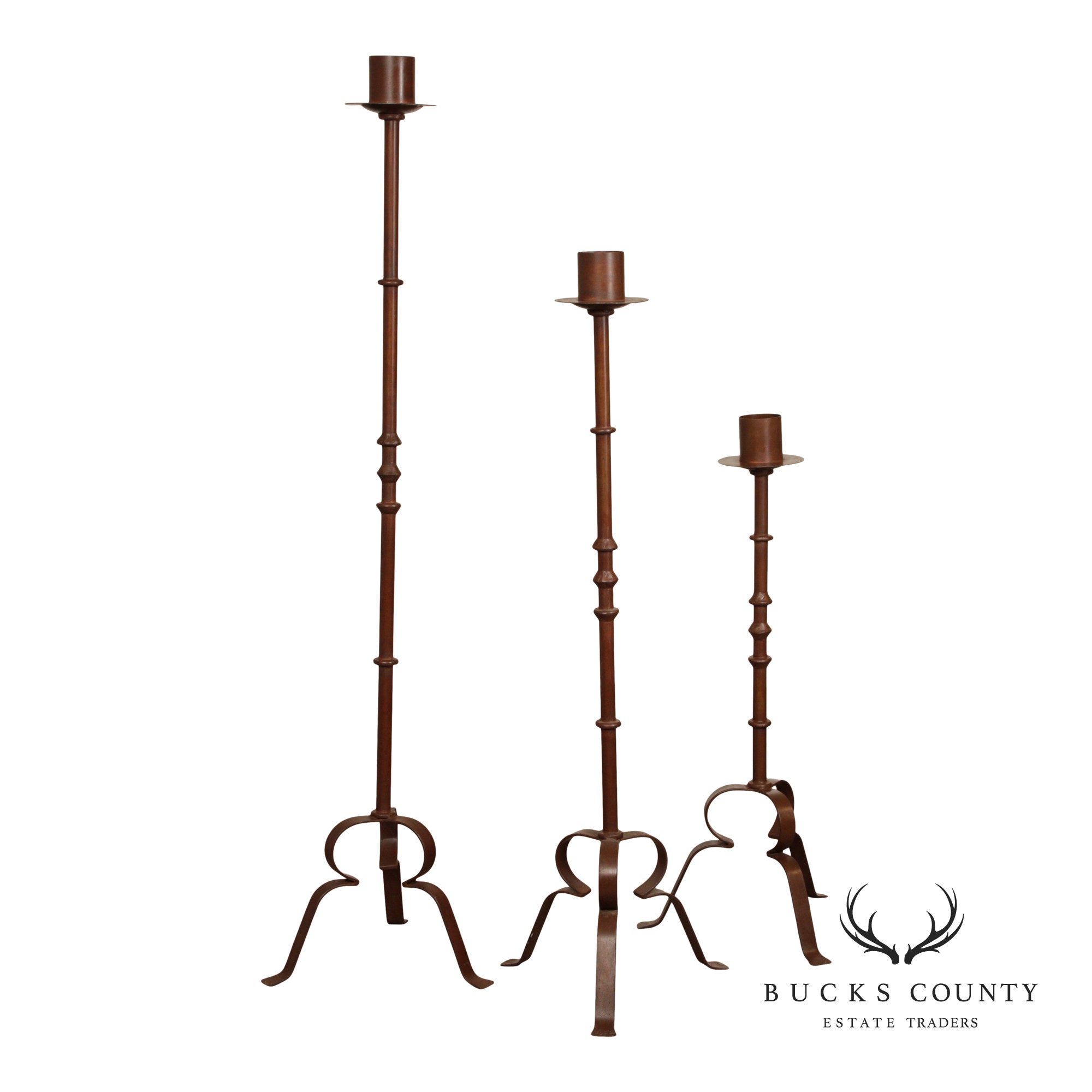 Vintage European Set of Three Tall Iron Candlesticks