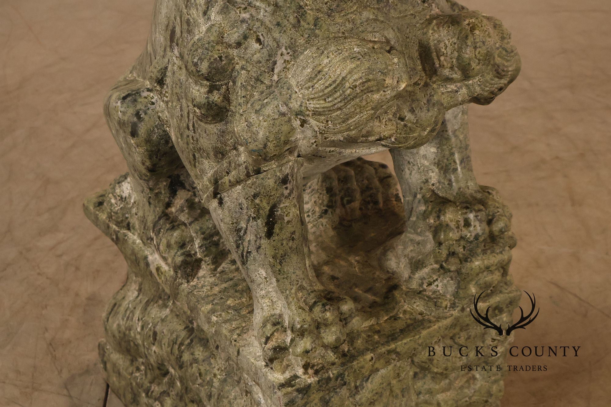 Large Pair Of Carved Green Marble Foo Dogs Guardian Lions