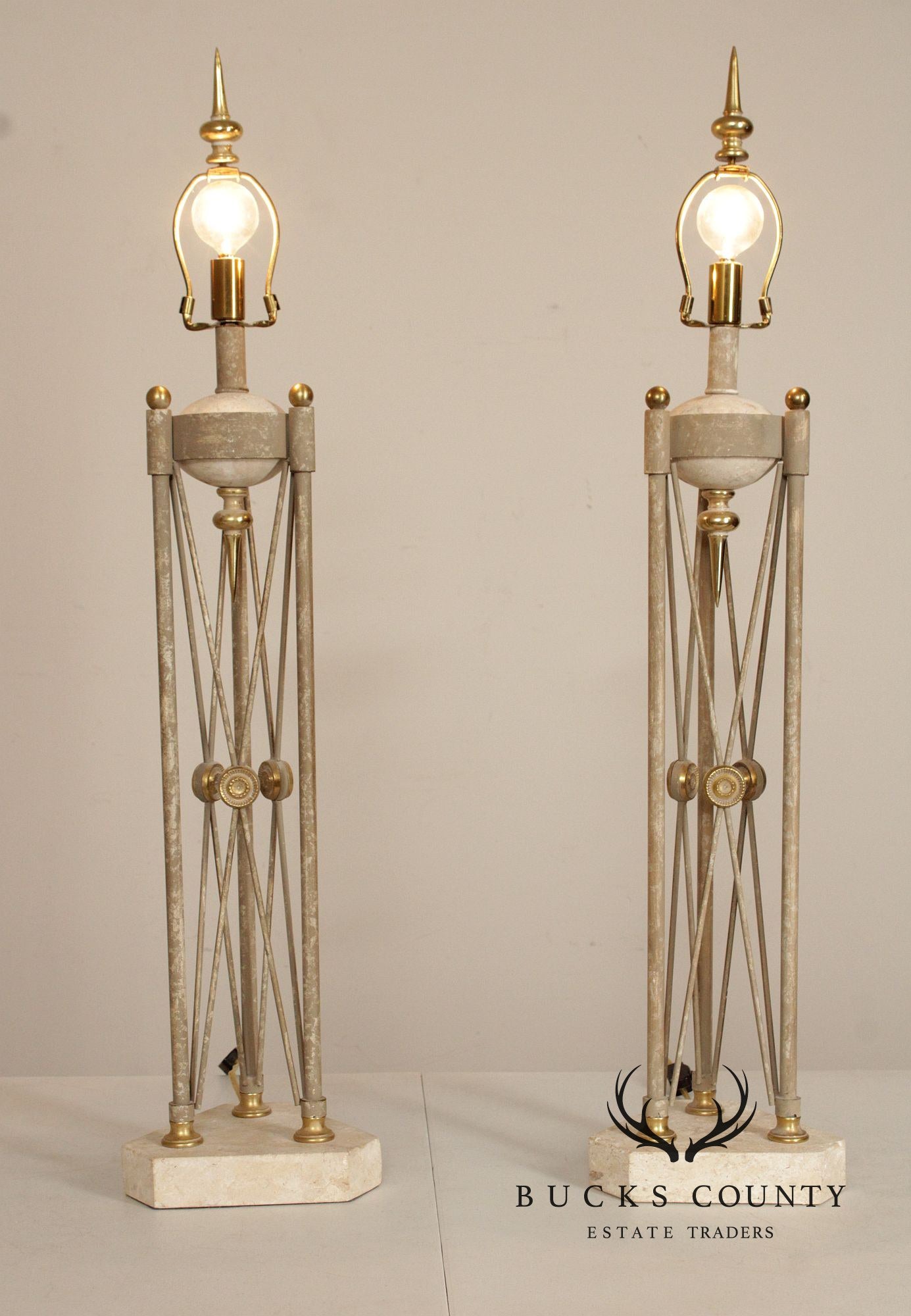 Neoclassical Style Pair of Travertine Table Lamps