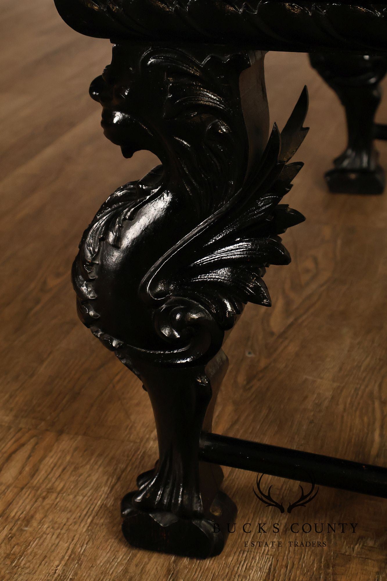 Antique Renaissance Revival Ebonized Oak Carved Griffin Bench