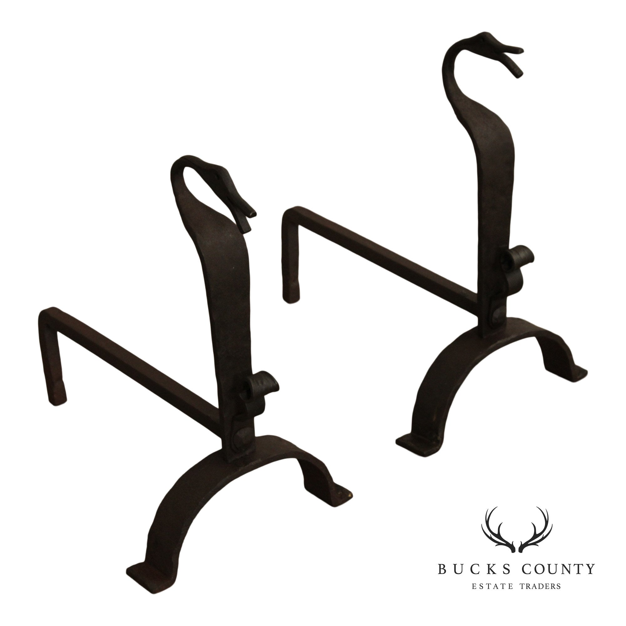 Arts & Crafts Pair of Wrought Iron Duck Fireplace Andirons