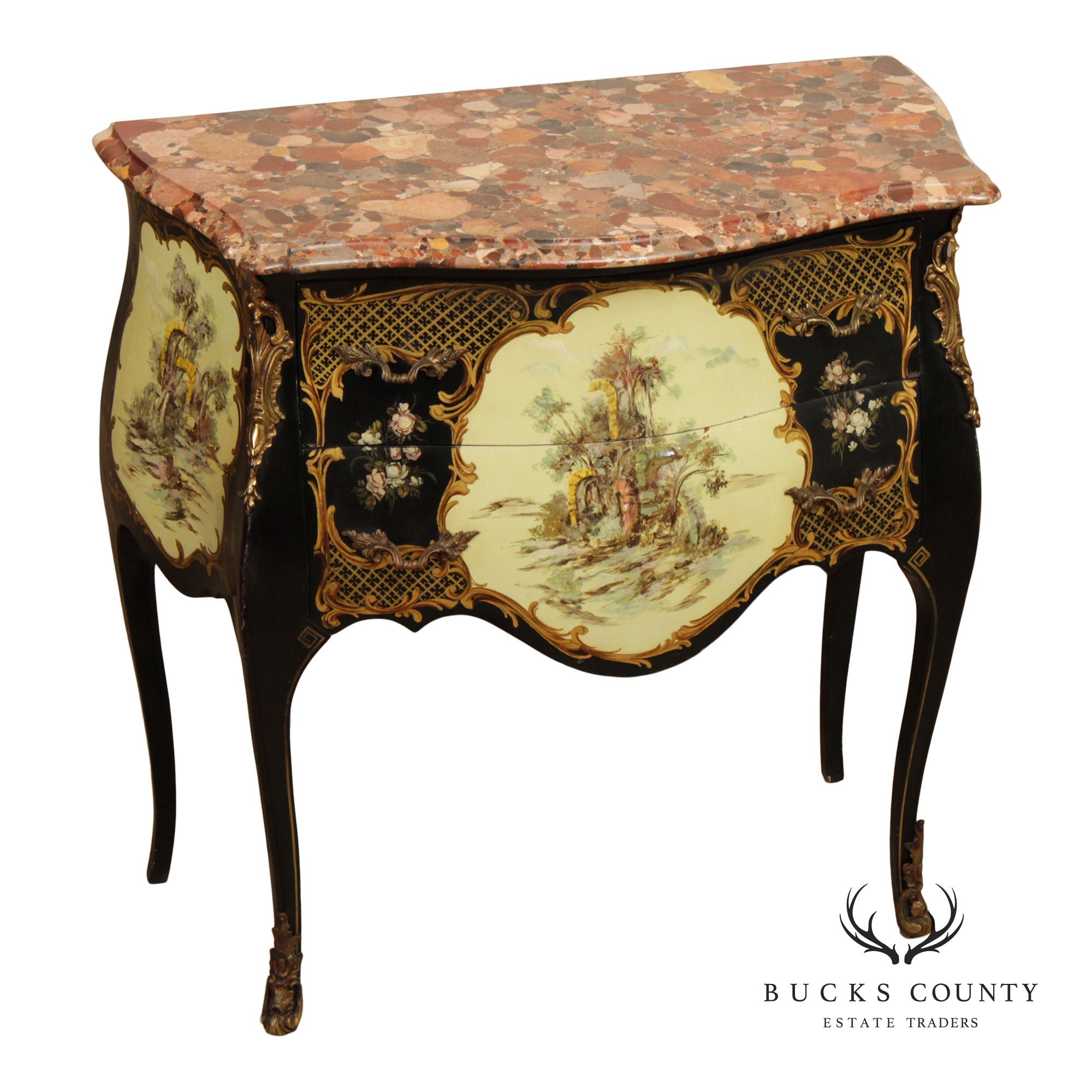 Louis XV Style Hand Painted Marble Top Bombe Commode