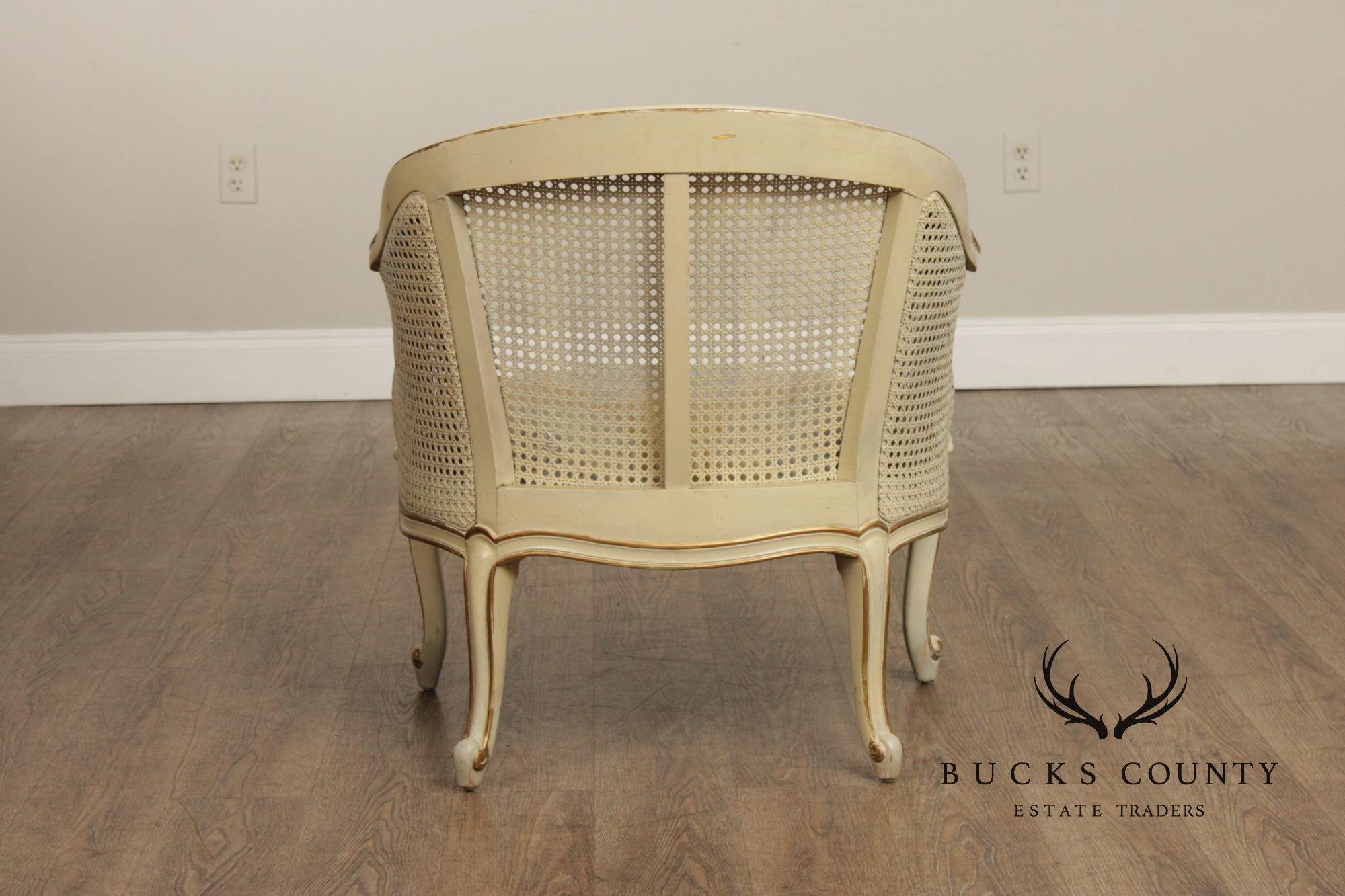 French Provincial Style Barrel Back Caned Lounge Chair and Ottoman