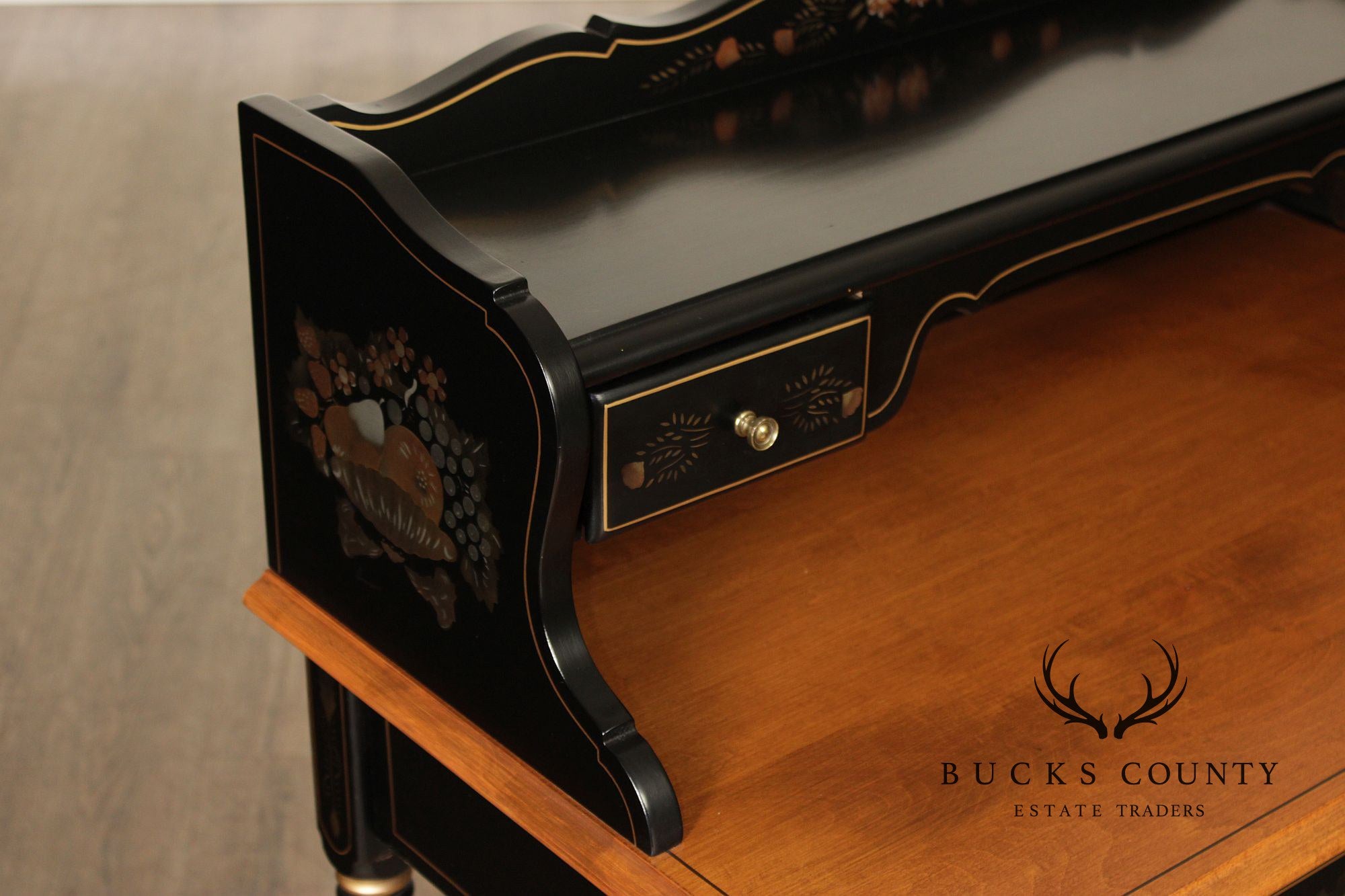 Ethan Allen Hitchcock Style Hand Painted Black Lacquer Writing Desk
