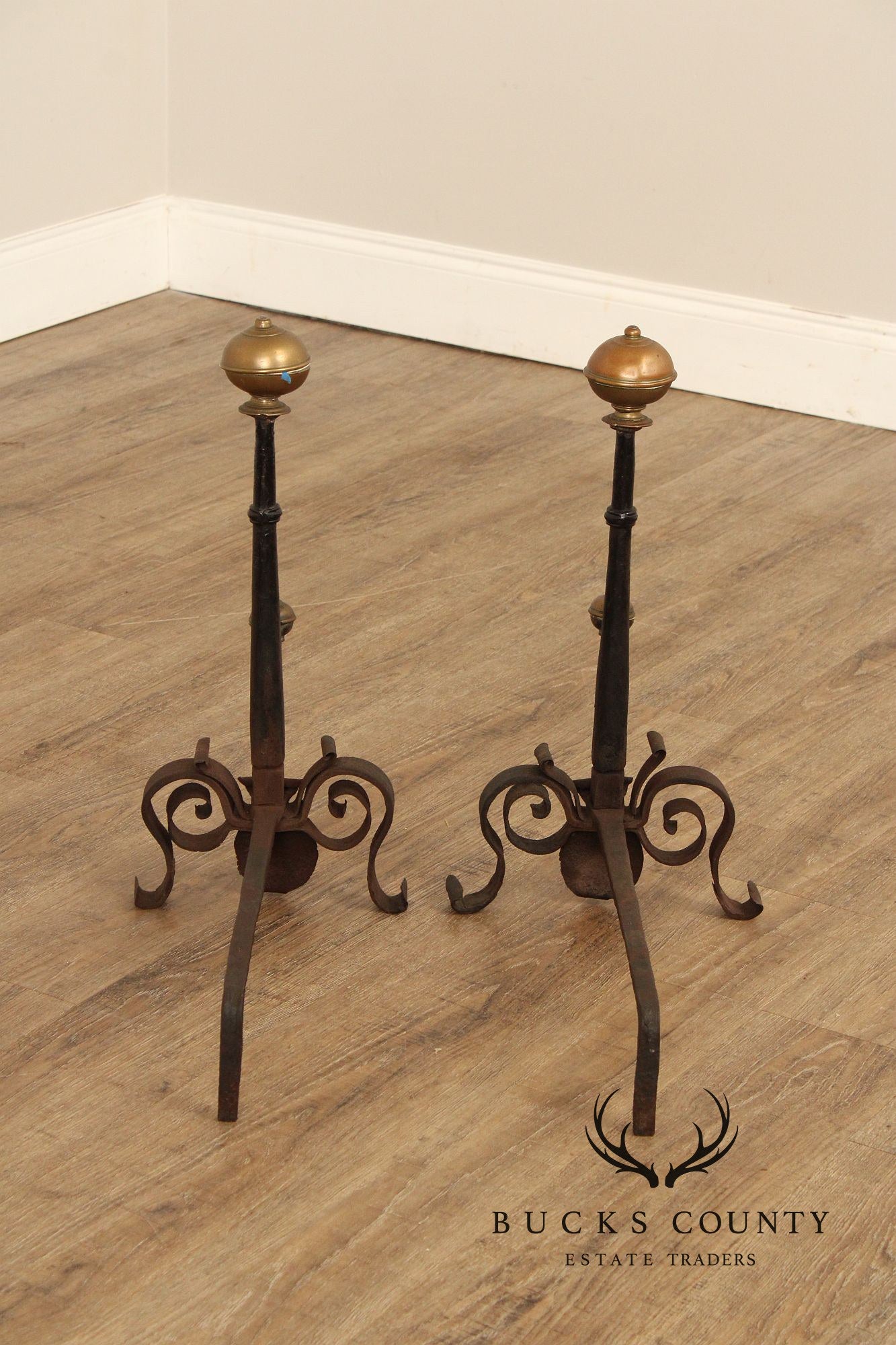 Antique Pair of Forged Iron and Brass Fireplace Andirons