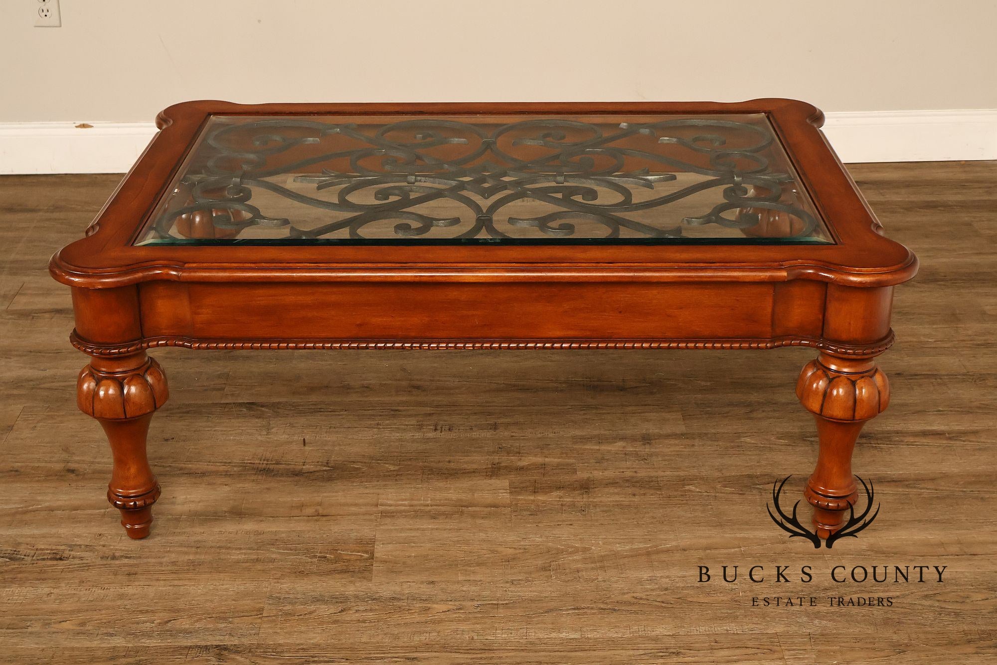 Ethan Allen Tuscany Glass Top Coffee Table With Iron Scroll Base