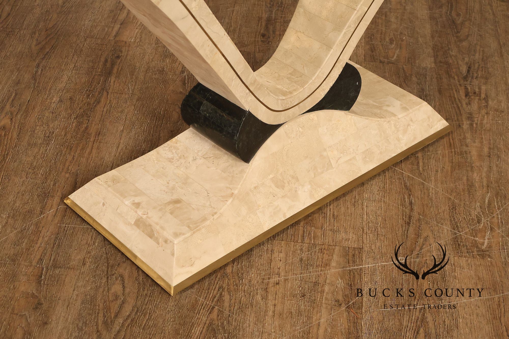 Postmodern Glass Top Travertine Console Table