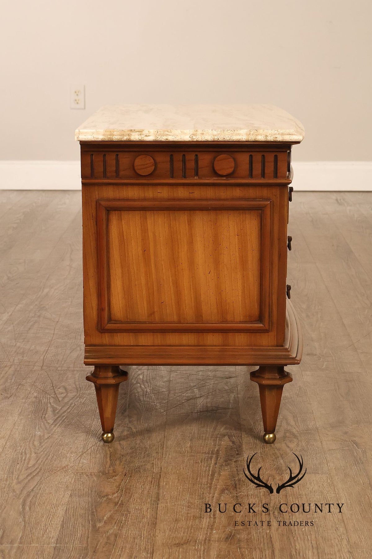 Pair Of Neoclassical Style Marble Top Three Drawer Nightstands