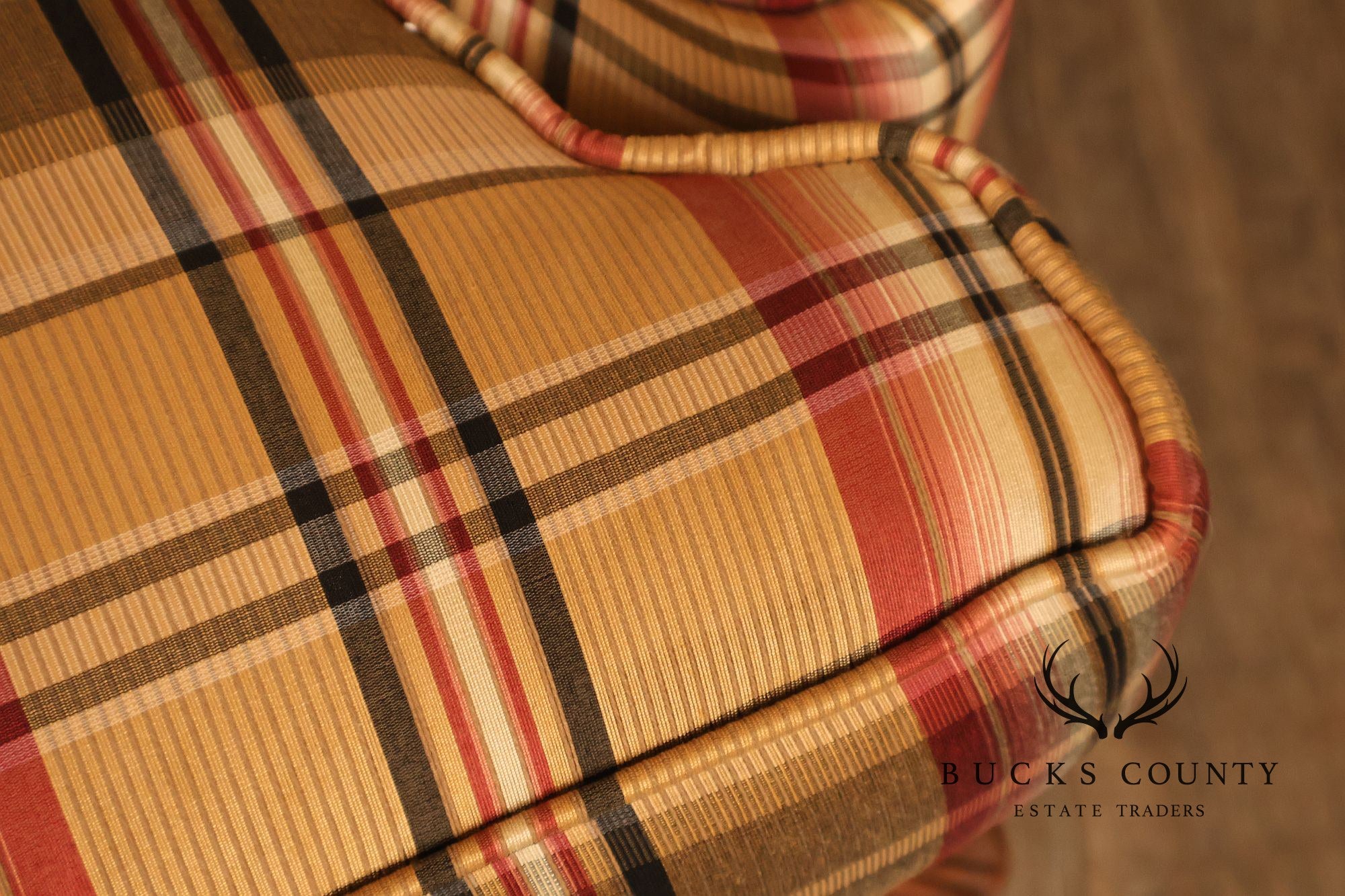 Ethan Allen Chippendale Style Plaid Upholstered Wing Chair