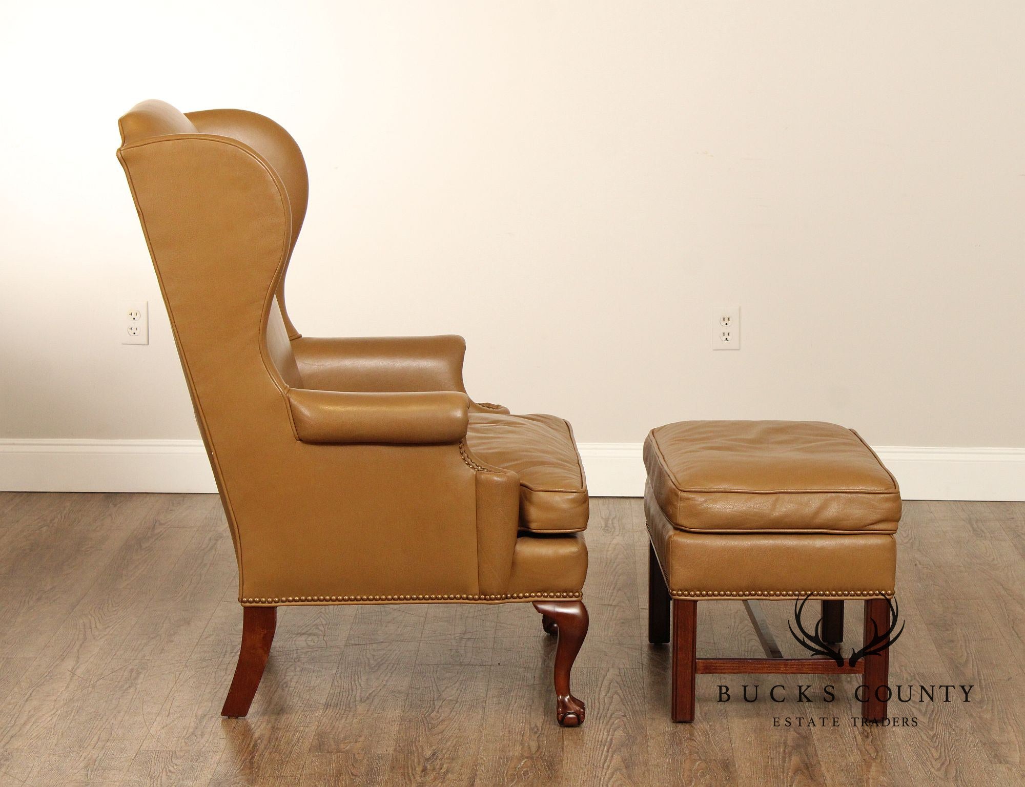 Dapha Chippendale Style Leather Wingback Chair and Ottoman