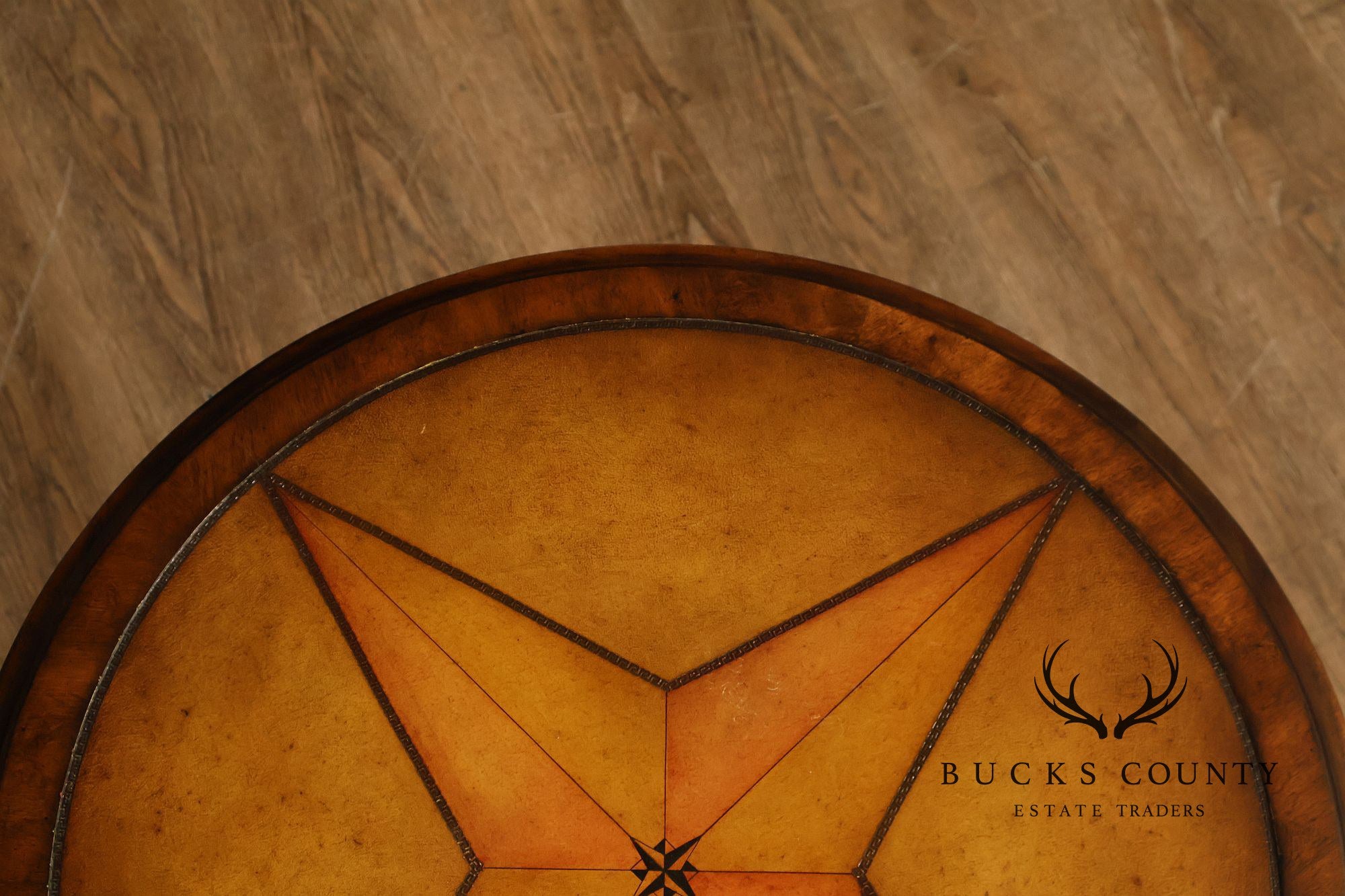 John Richard 'European Crossroads' Pair of Round Leather Top Lamp Tables