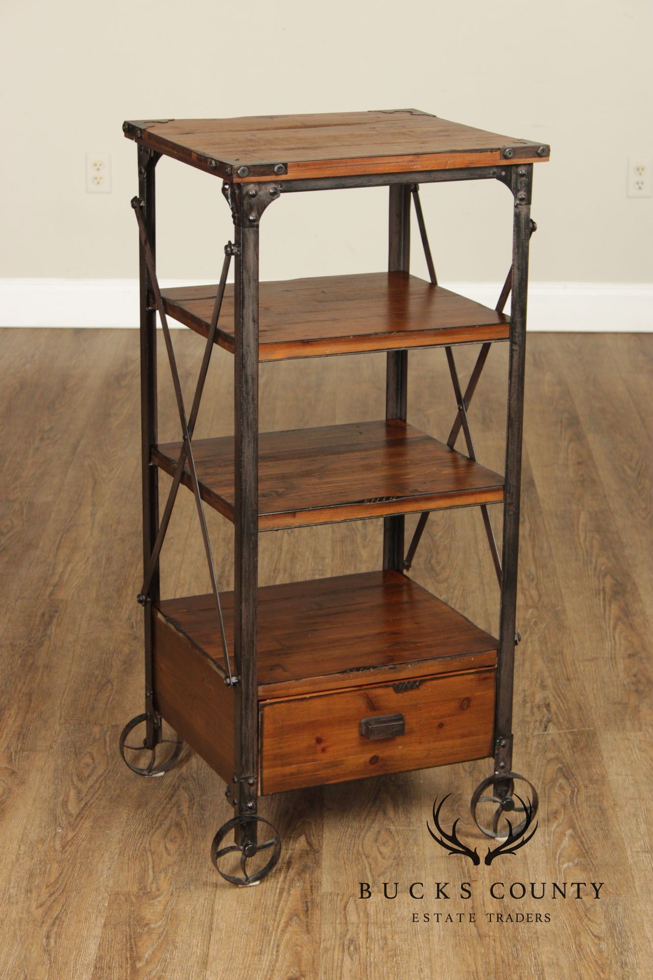 Industrial Rustic Pine And Iron Rolling Shelf With Drawer