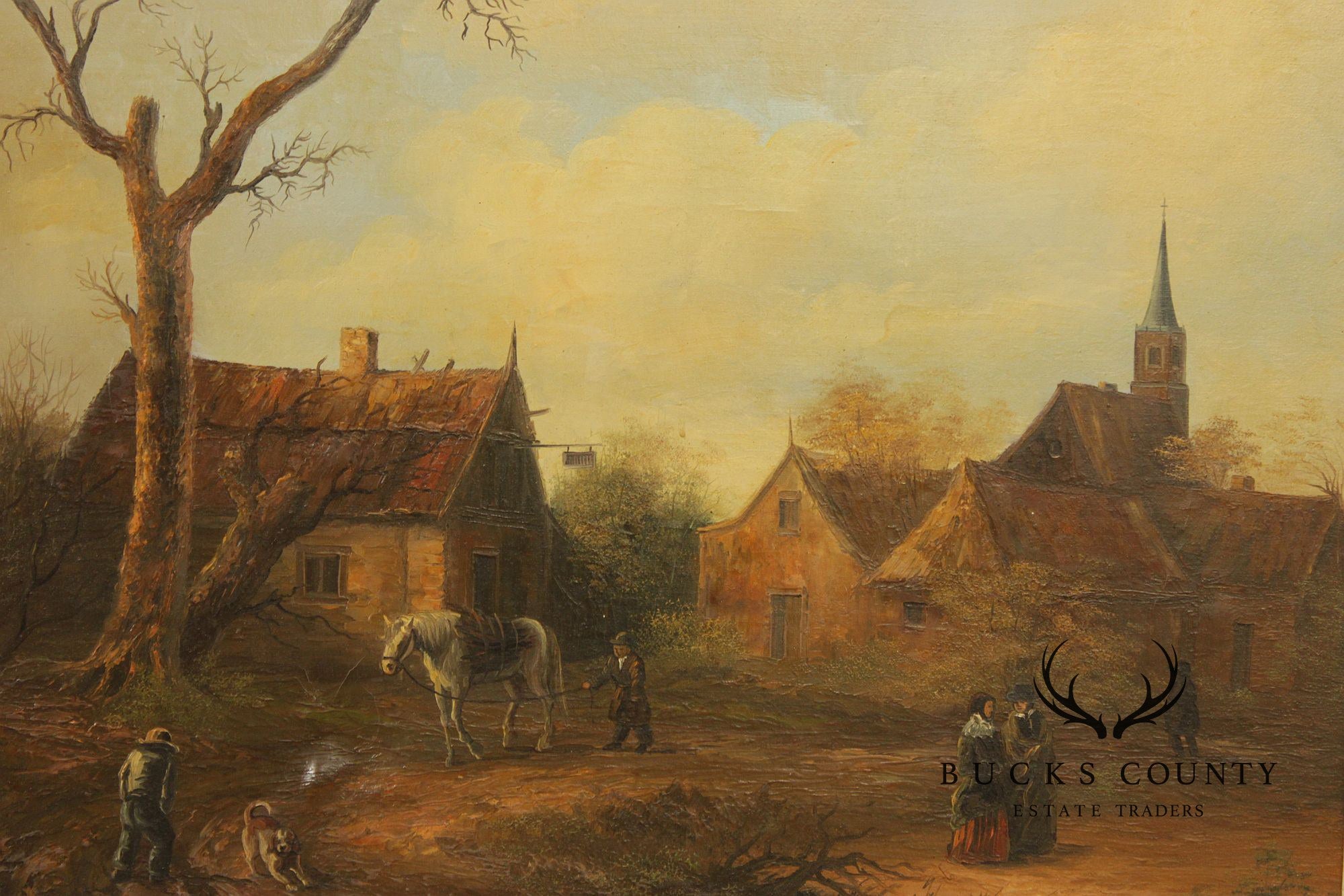 Artist Signed Genre Painting, Bucolic Village