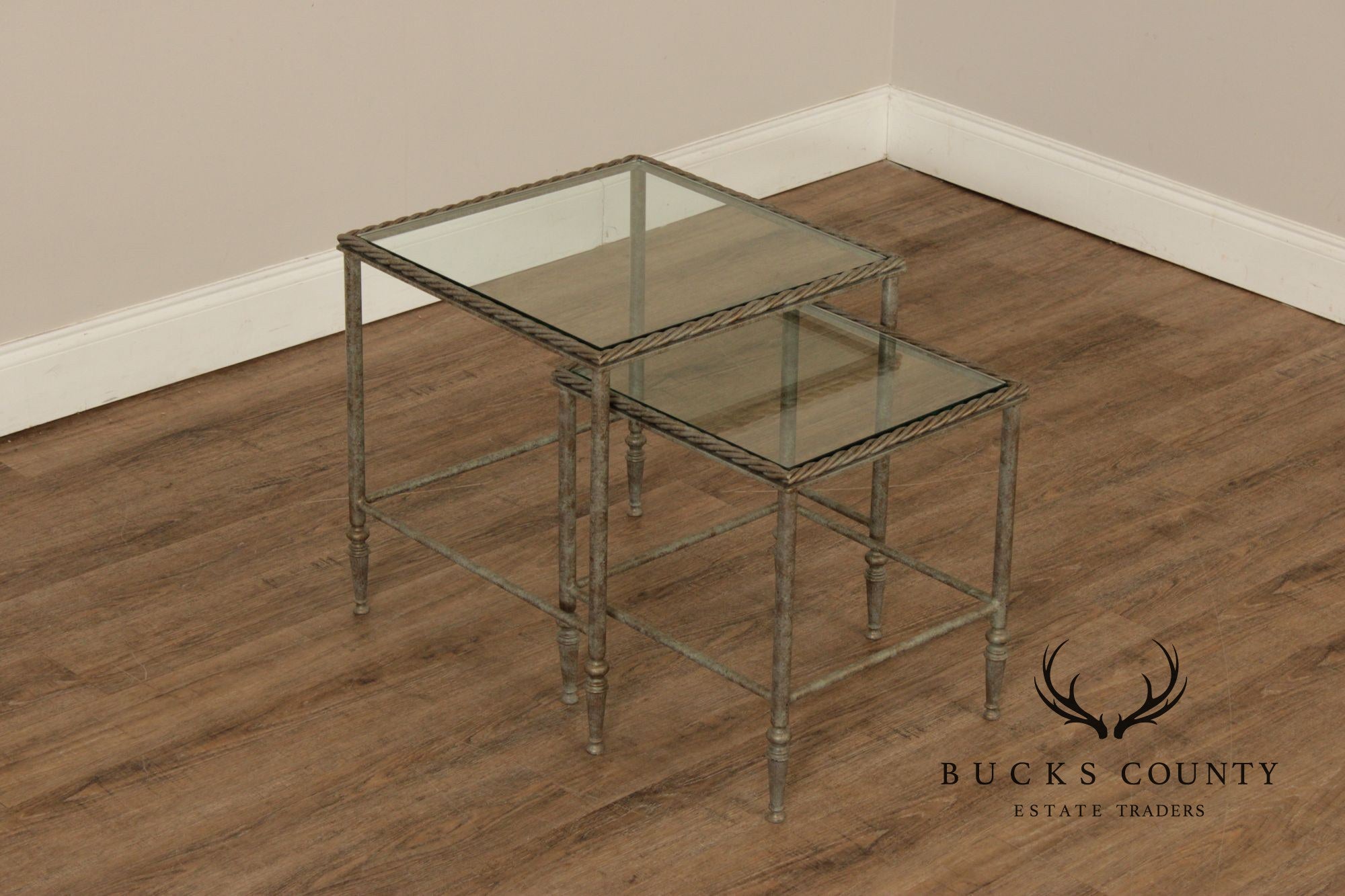 Vintage Pair of Iron Glass Top Nesting Tables