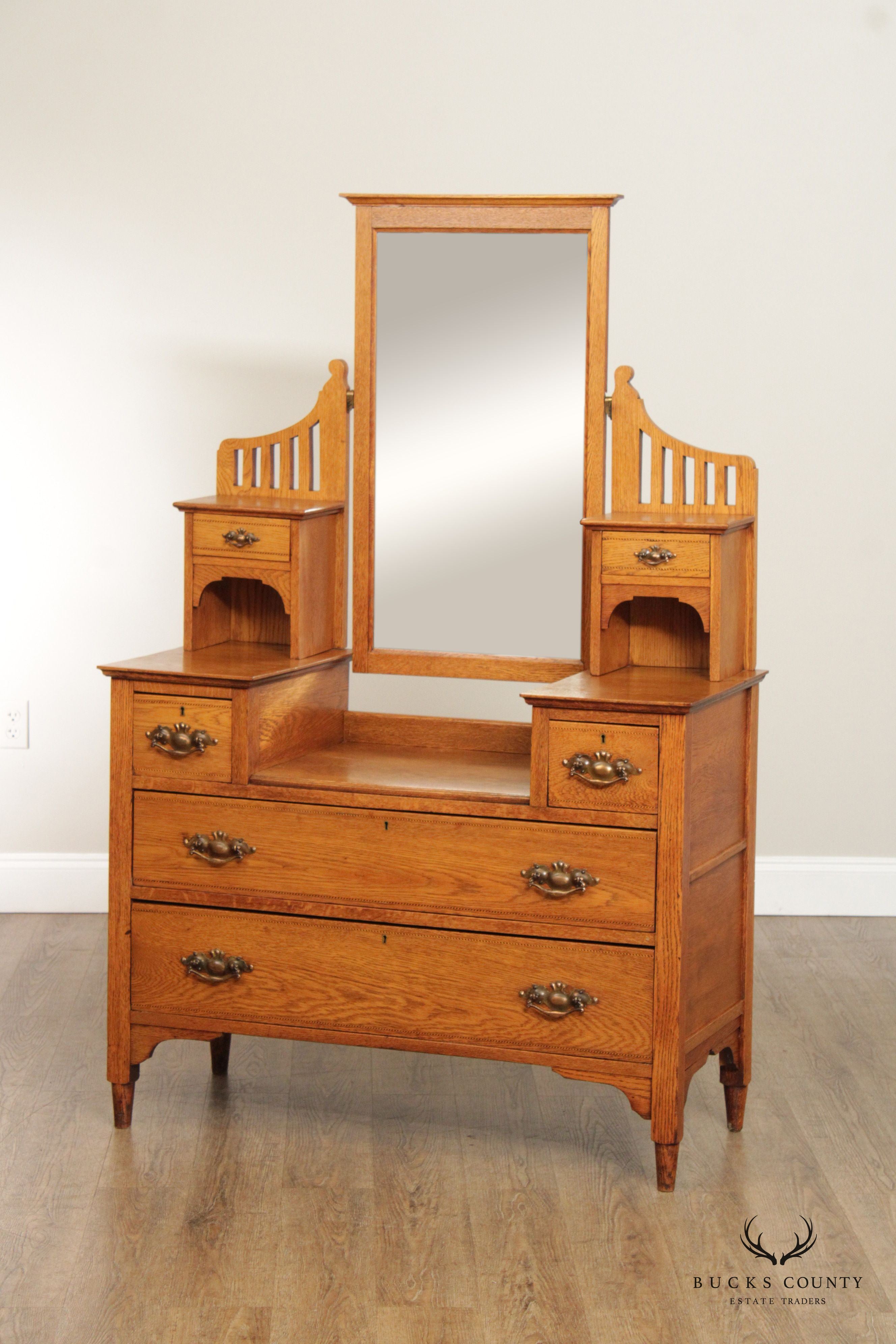 English Arts & Crafts Antique Oak Chest of Drawers with Mirror