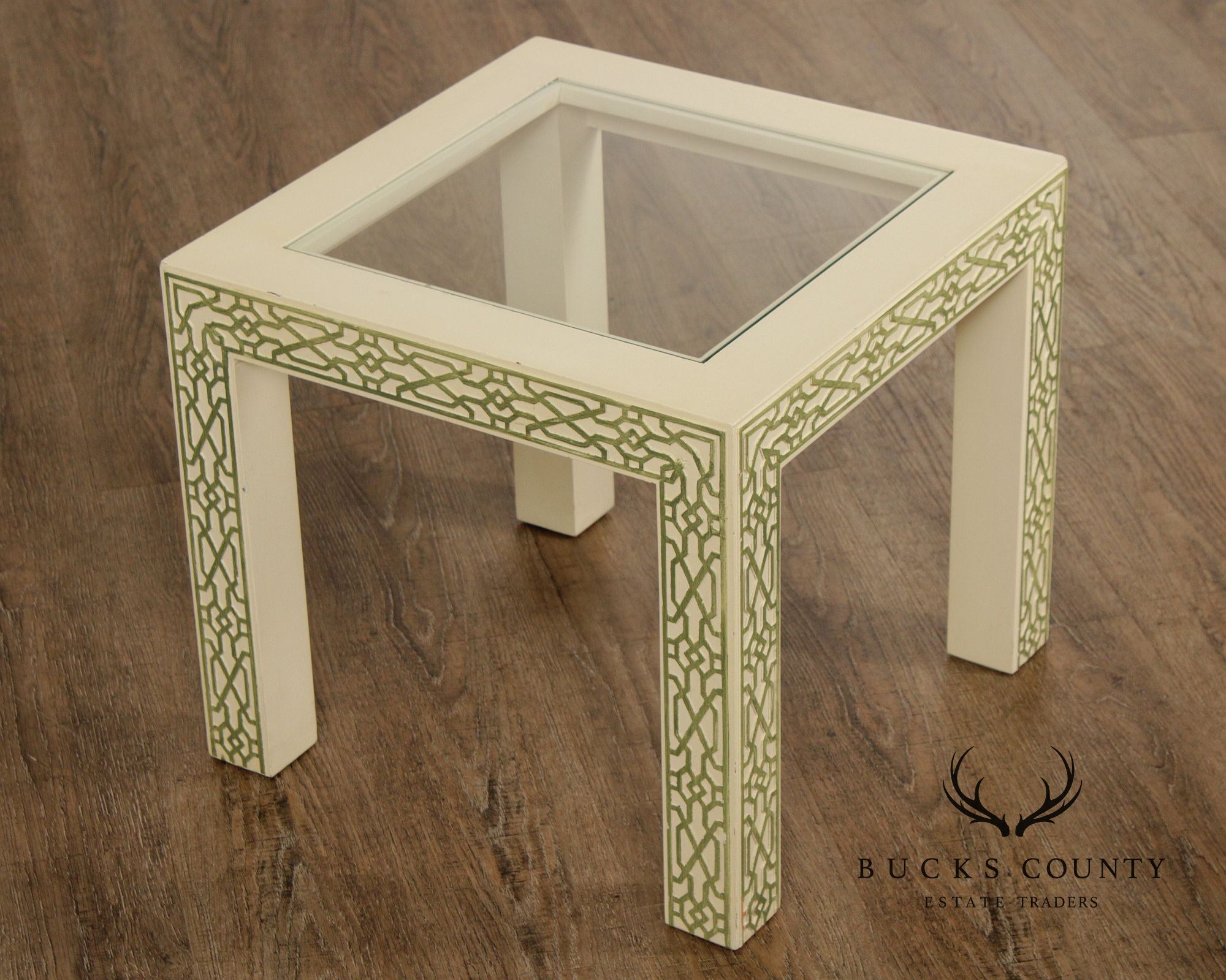 Hollywood Regency Pair Of Lacquered Greek Key Glass Top End Tables