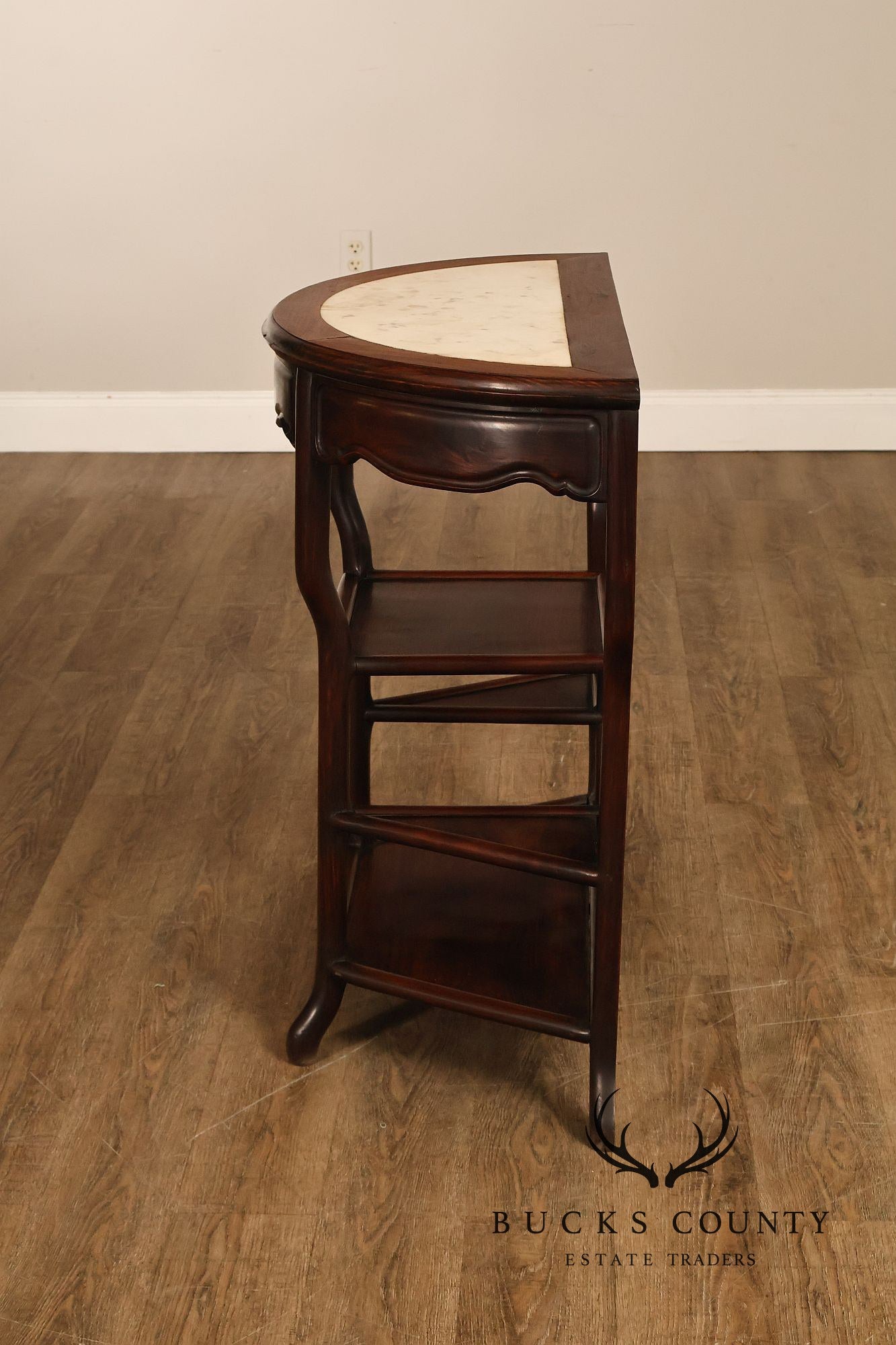 Asian Style Demilune Marble Top Side Table With Tiered Shelves