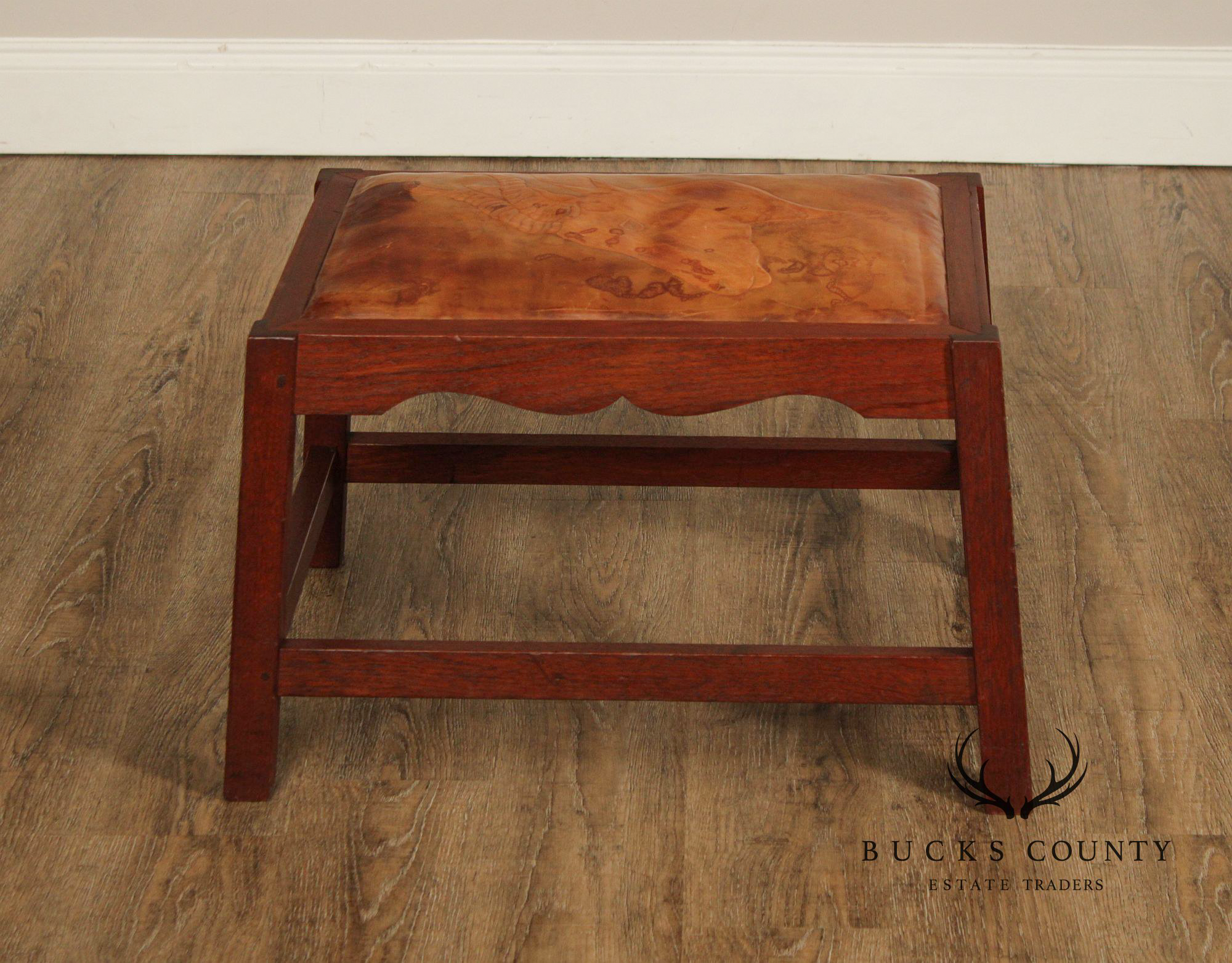 Arts & Crafts Leather Seat Oak Stool